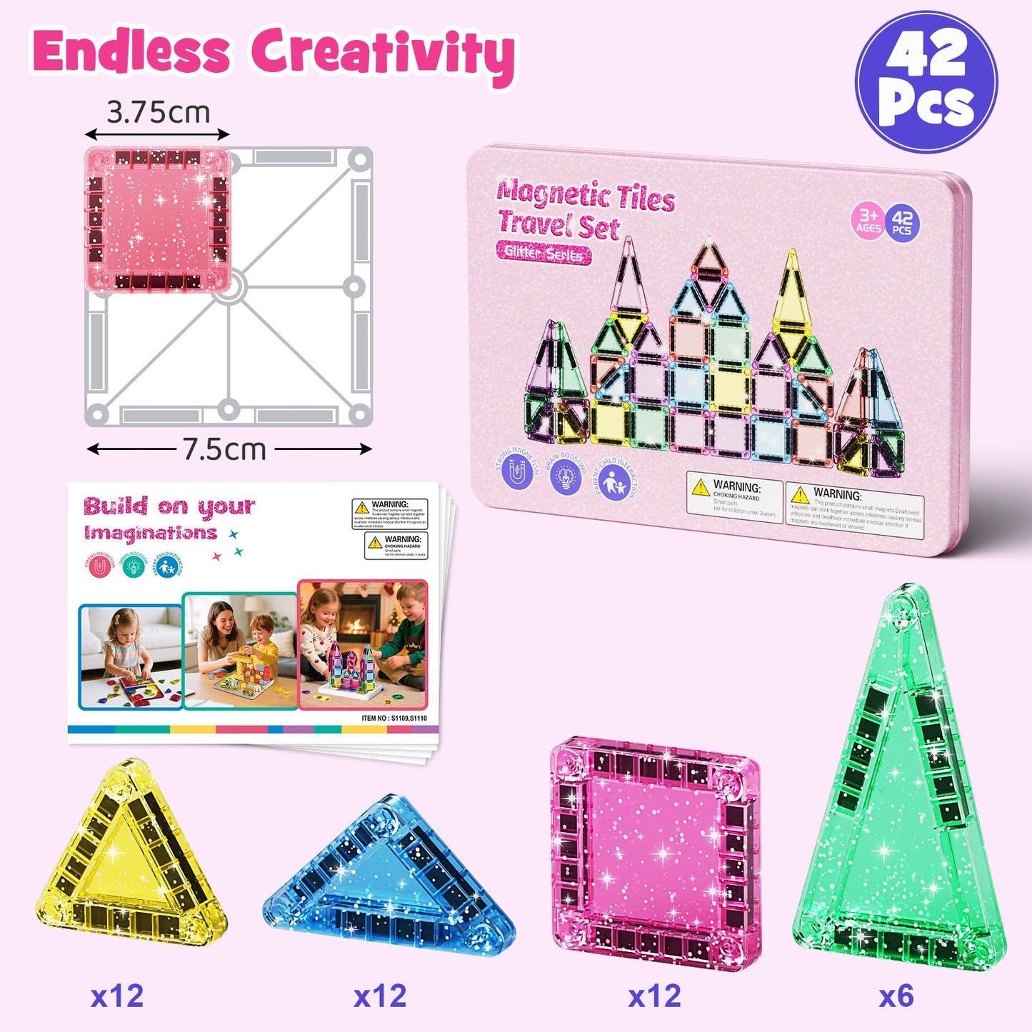 WMXDU 42-Piece Glitter Magnetic Tiles Travel Set — Pink Box, Portable STEM Building Toys for Kids 3–8