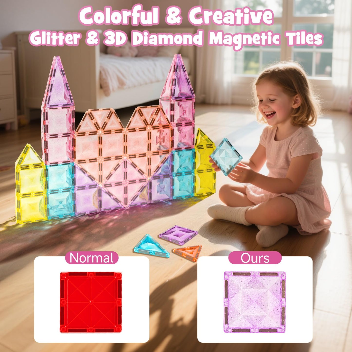 WMXDU Large Pastel Magnetic Tiles – 48 Pcs with Travel Box (Ages 3-8)