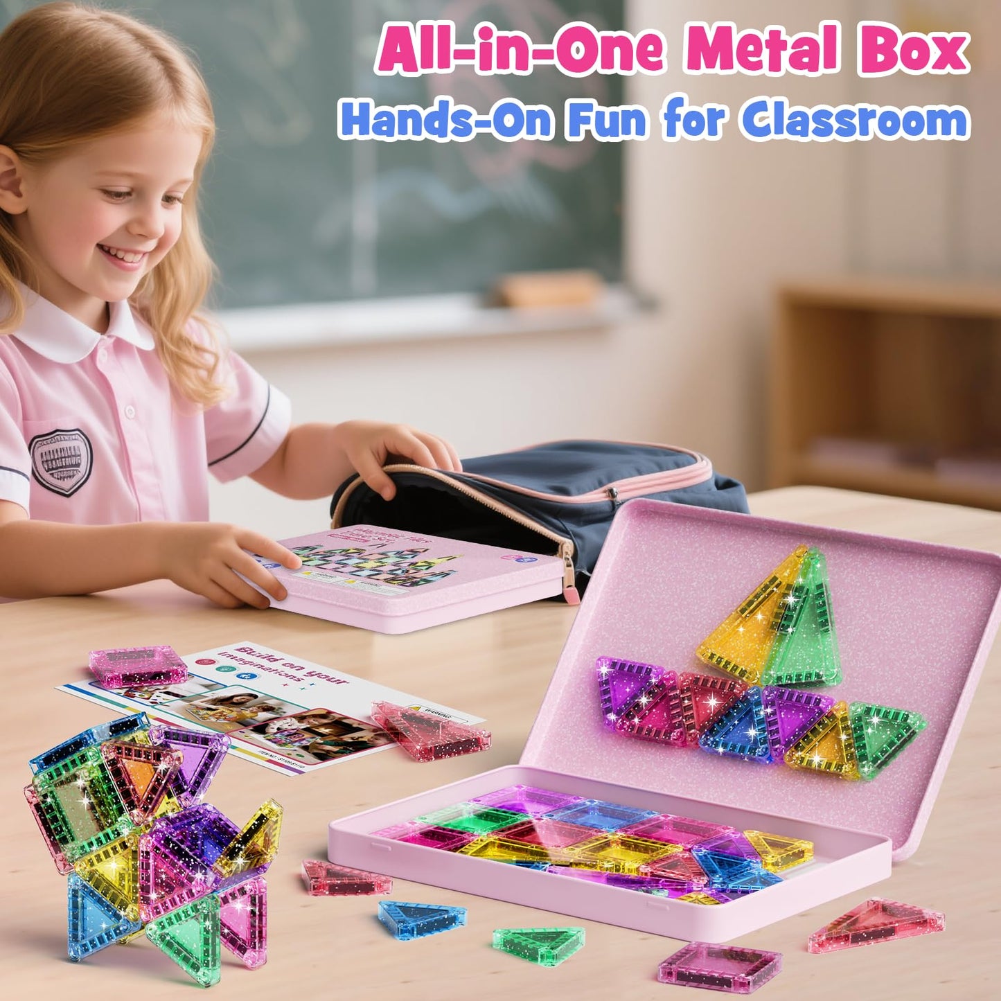 WMXDU 42-Piece Glitter Magnetic Tiles Travel Set — Pink Box, Portable STEM Building Toys for Kids 3–8