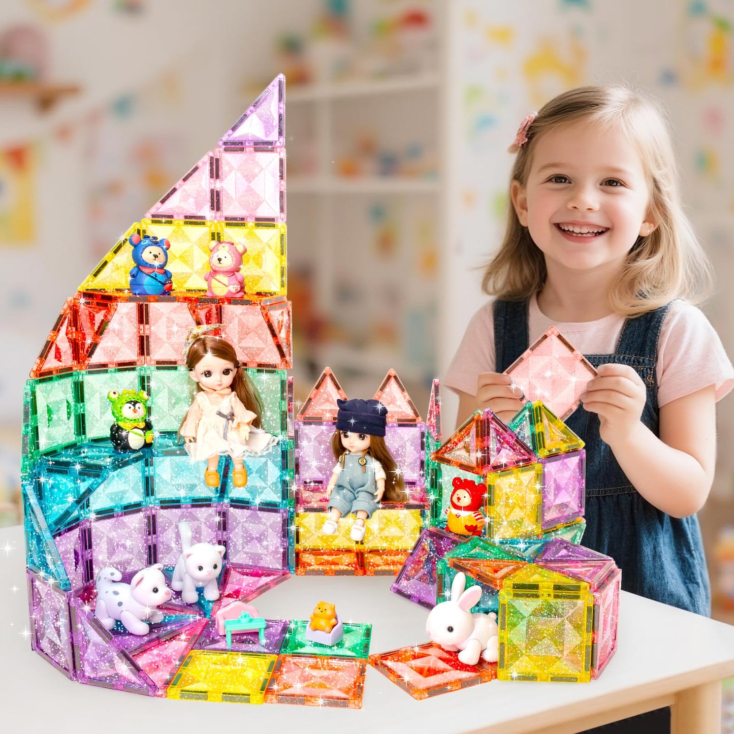 WMXDU Large Pastel Magnetic Tiles – 48 Pcs with Travel Box (Ages 3-8)