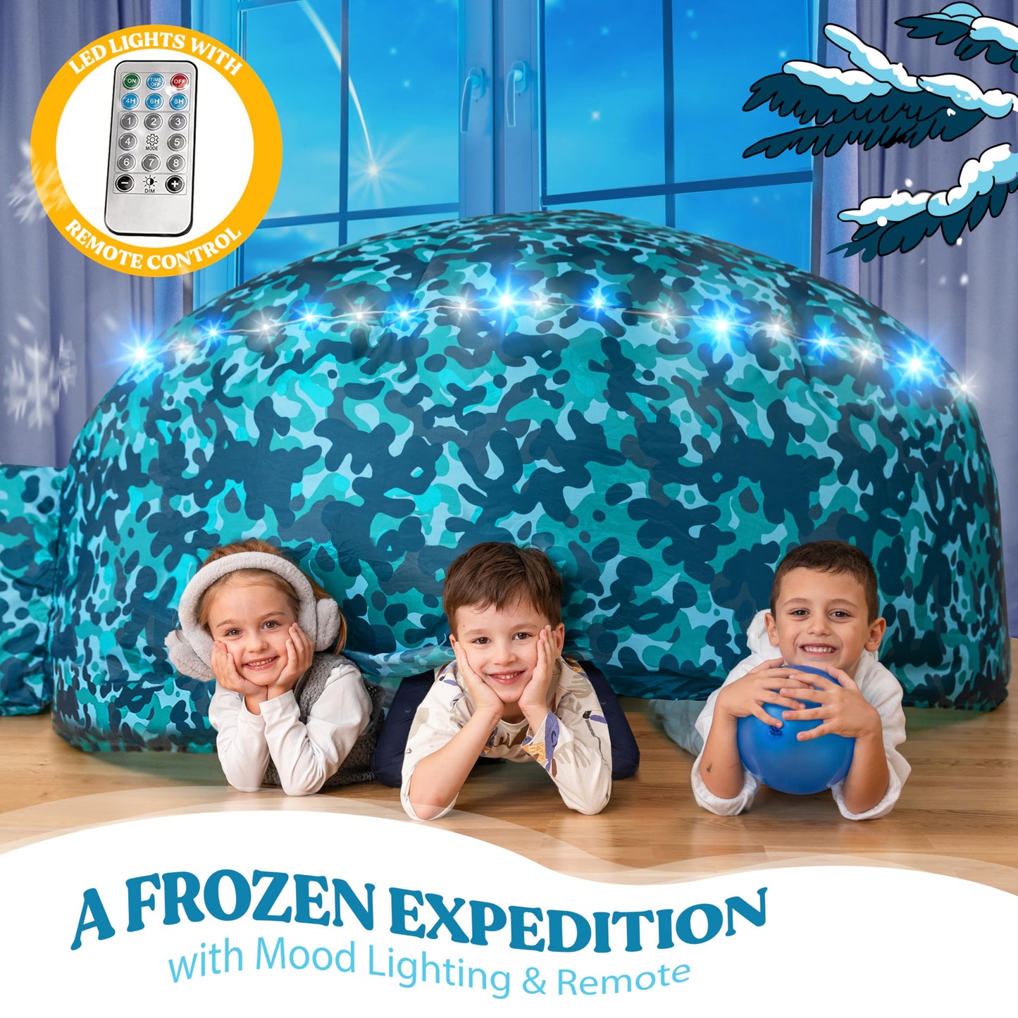 W&O Arctic Camo Aerodome with LED Lights & Sound — Fast Inflate Fort for Kids Ages 3–12 (Fan Not Included)