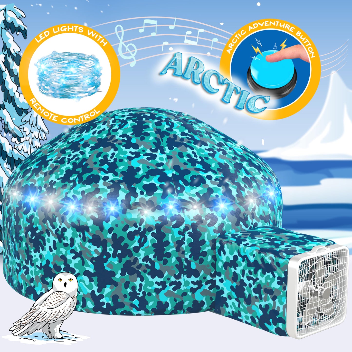 W&O Arctic Camo Aerodome with LED Lights & Sound — Fast Inflate Fort for Kids Ages 3–12 (Fan Not Included)