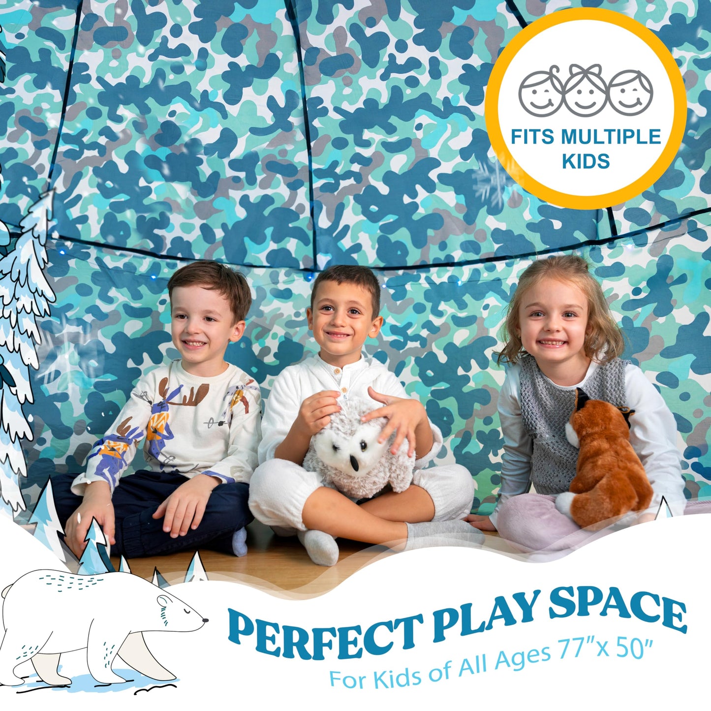 W&O Arctic Camo Aerodome with LED Lights & Sound — Fast Inflate Fort for Kids Ages 3–12 (Fan Not Included)