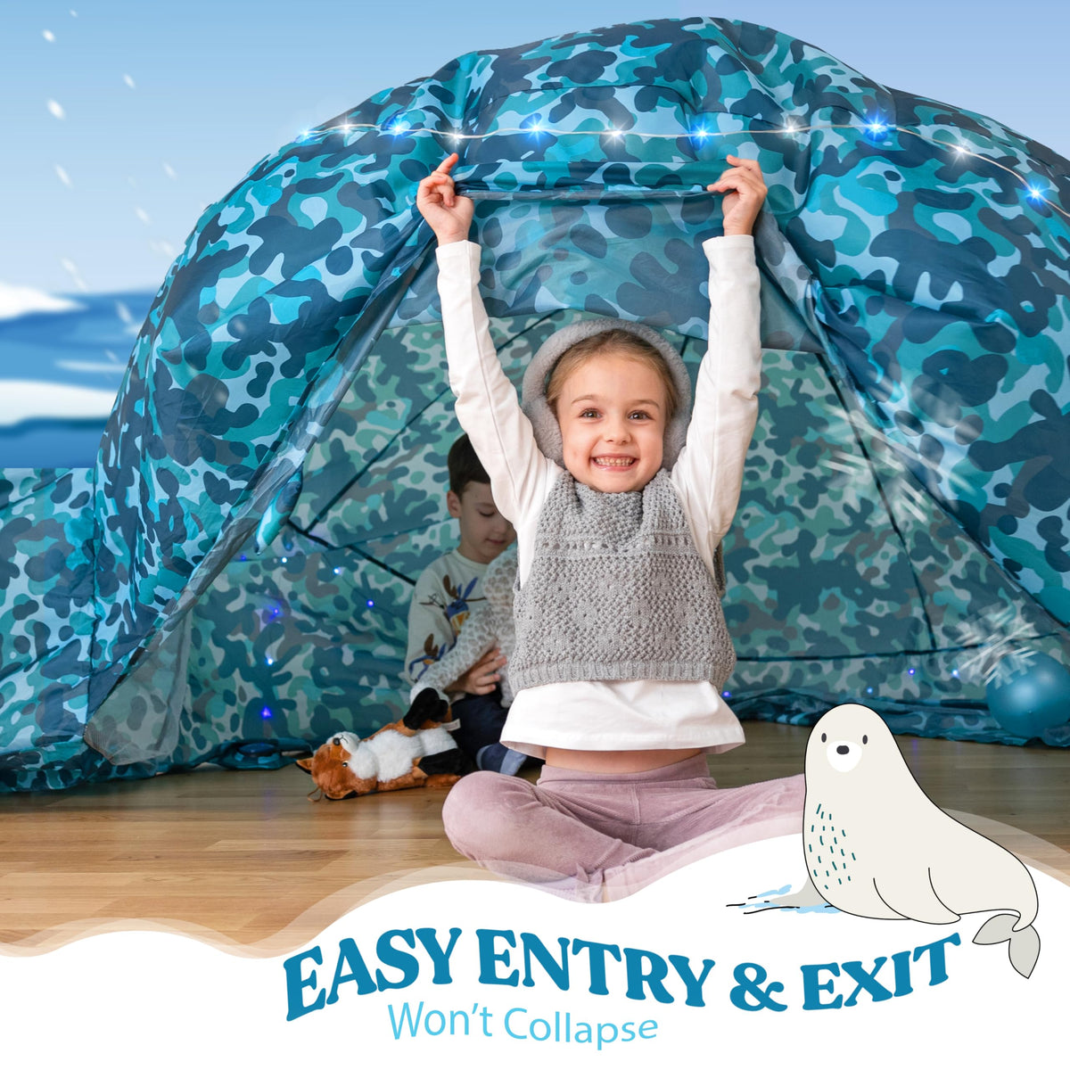 W&O Arctic Camo Aerodome with LED Lights & Sound — Fast Inflate Fort for Kids Ages 3–12 (Fan Not Included)
