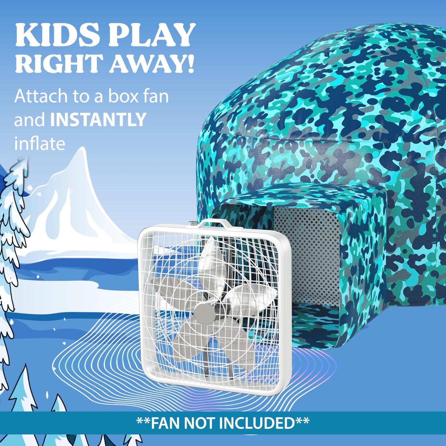 W&O Arctic Camo Aerodome with LED Lights & Sound — Fast Inflate Fort for Kids Ages 3–12 (Fan Not Included)