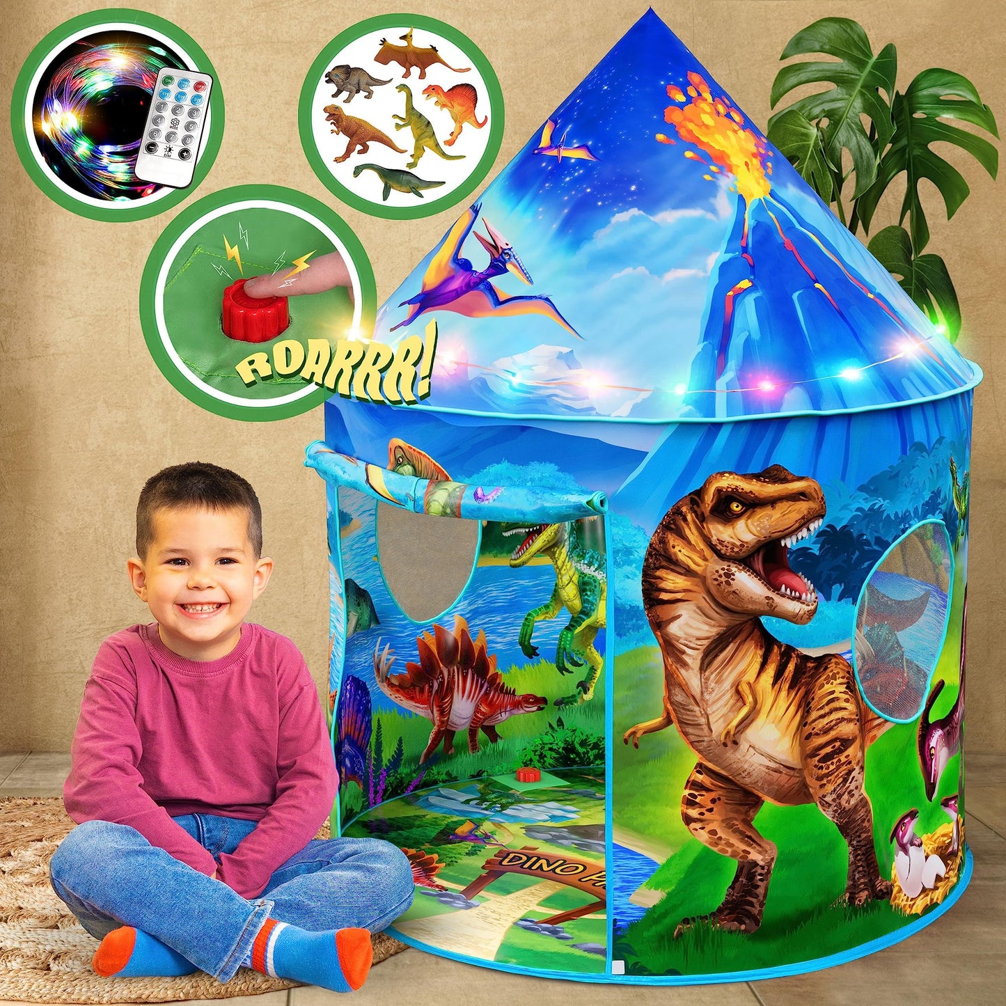 W&O Dino Paradise Play Tent: Roar Button, LED Lights & Dino Toys