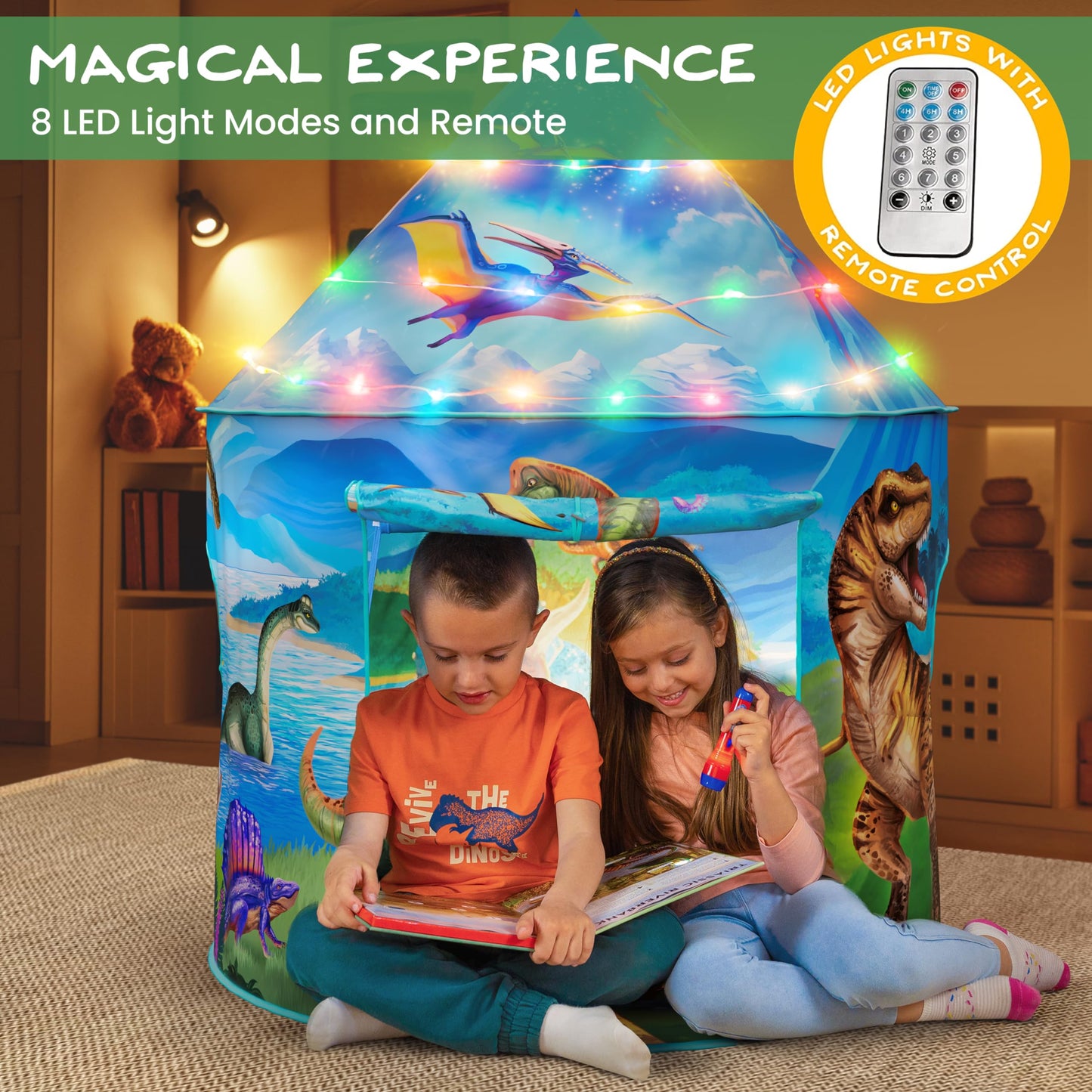W&O Dino Paradise Play Tent: Roar Button, LED Lights & Dino Toys