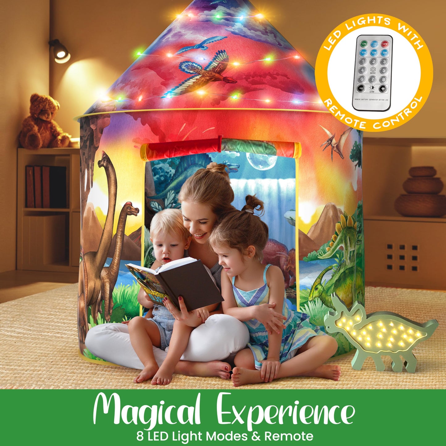 W&O Dinosaur Discovery Kids Tent — Roar Button, LED Lights & Dino Toys