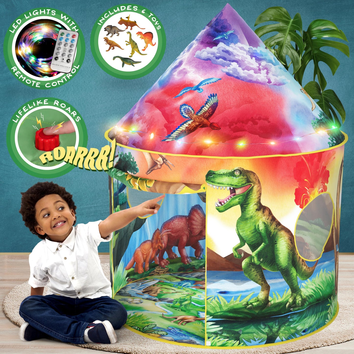 W&O Dinosaur Discovery Kids Tent — Roar Button, LED Lights & Dino Toys