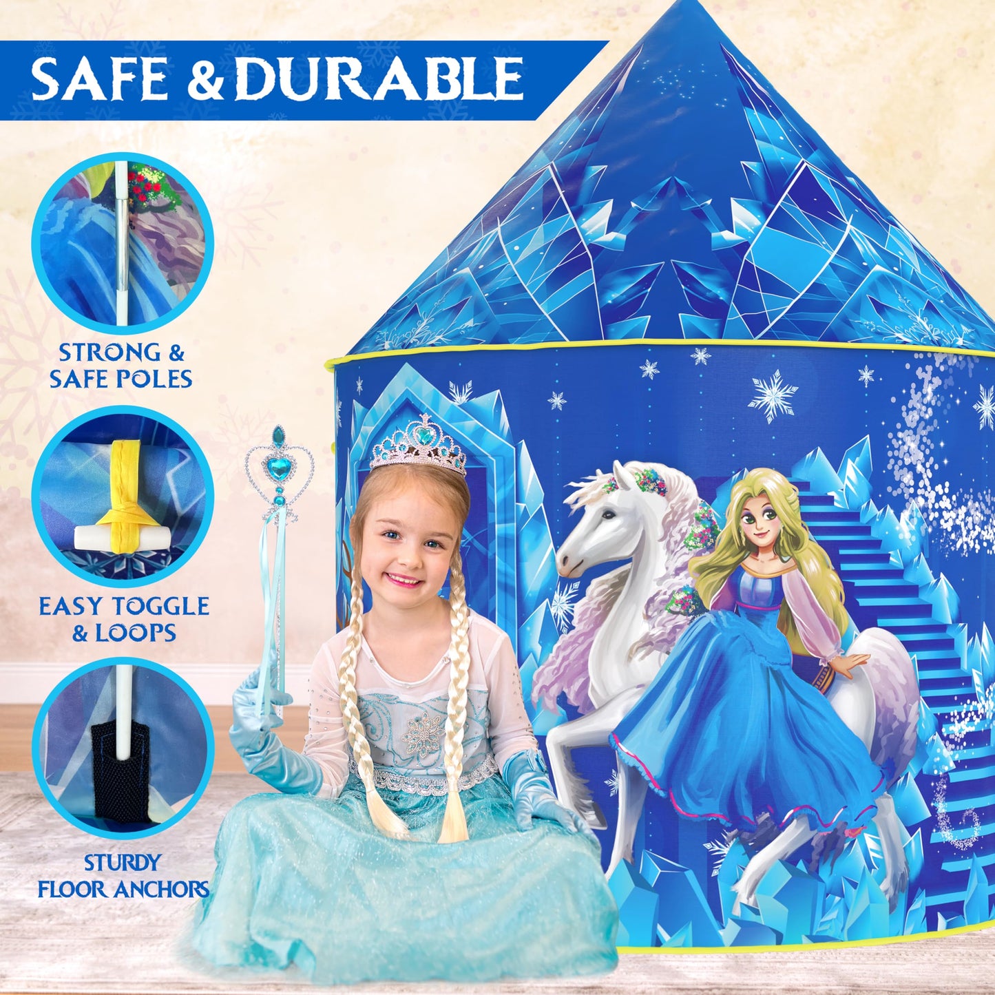 W&O Frozen Princess Tent with Sound Button, LED Lights, Crown & Wand – Indoor & Outdoor Play for Girls 3–7