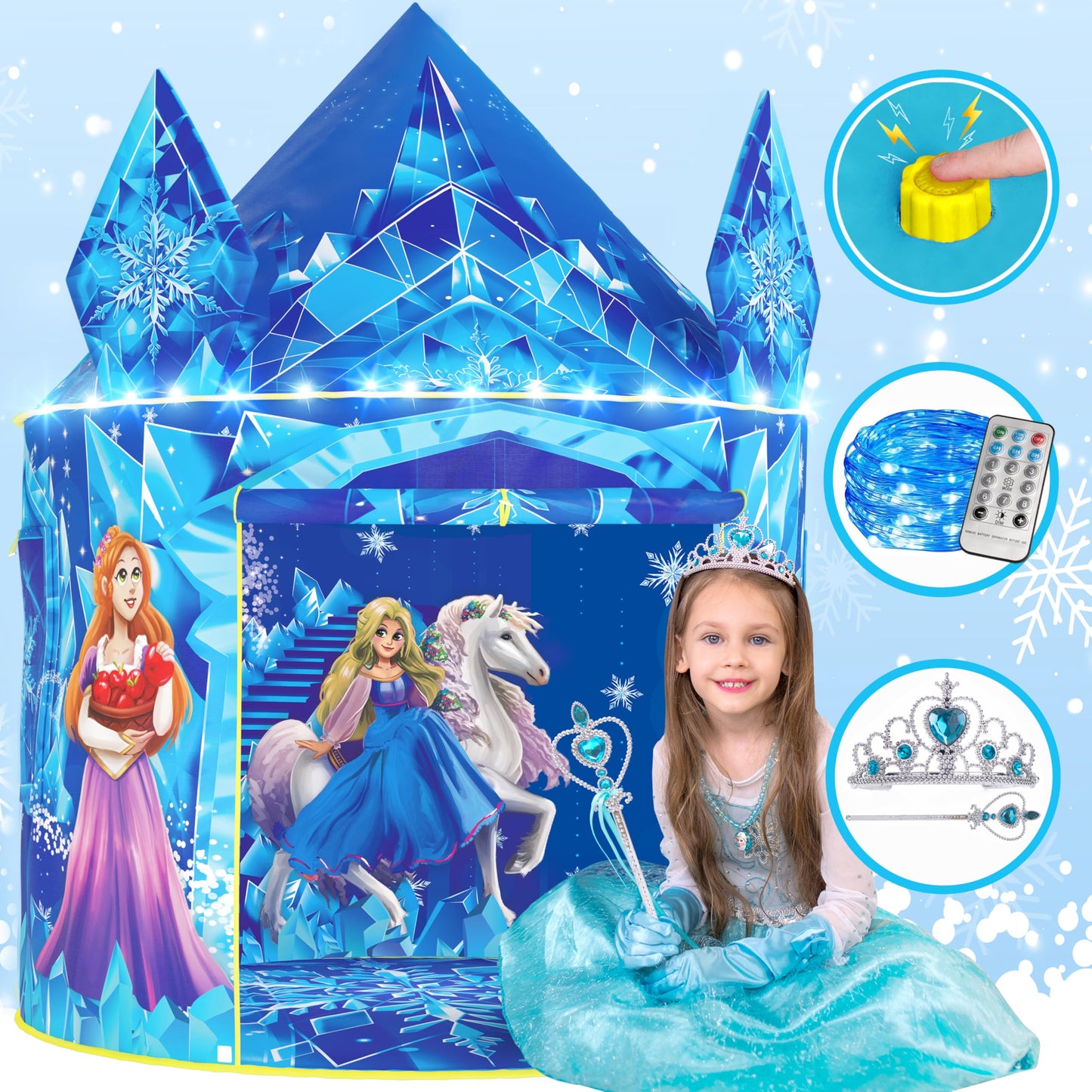 W&O Frozen Princess Tent with Sound Button, LED Lights, Crown & Wand – Indoor & Outdoor Play for Girls 3–7