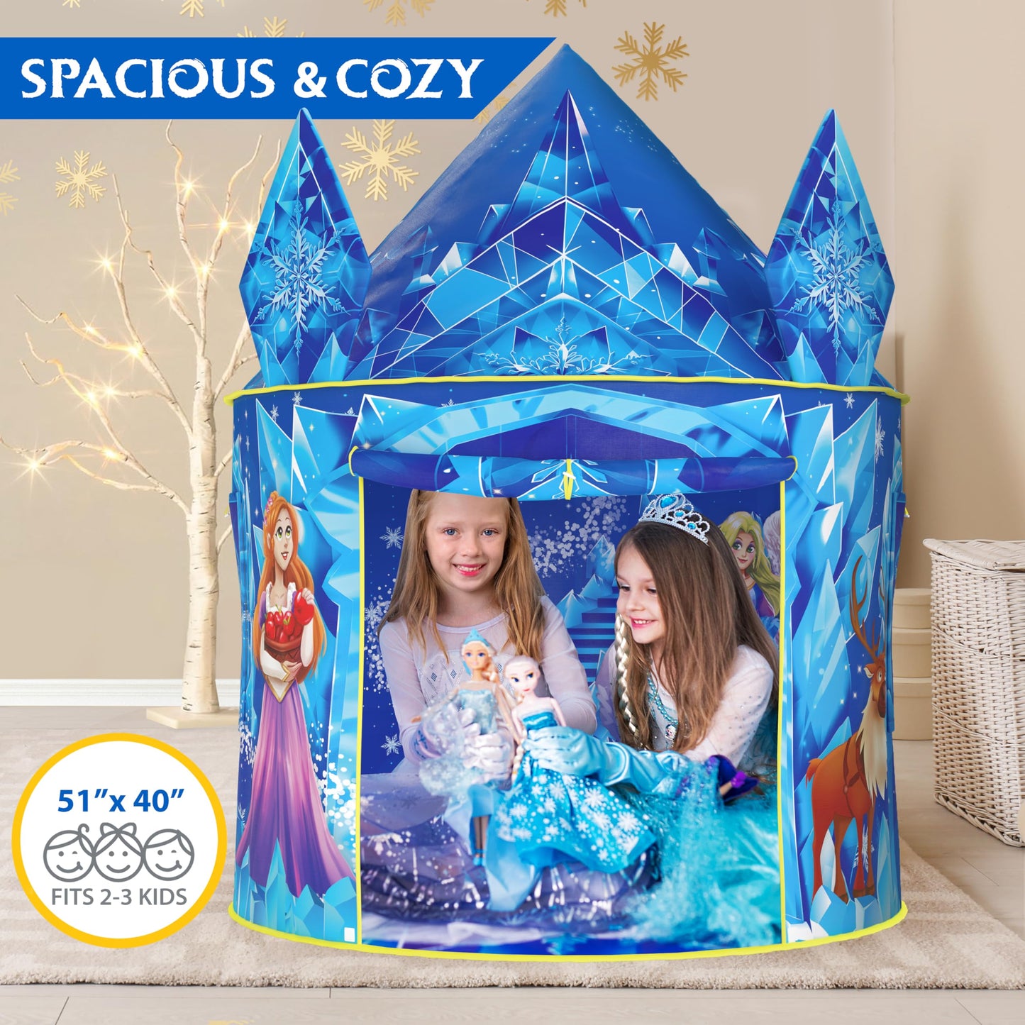 W&O Frozen Princess Tent with Sound Button, LED Lights, Crown & Wand – Indoor & Outdoor Play for Girls 3–7