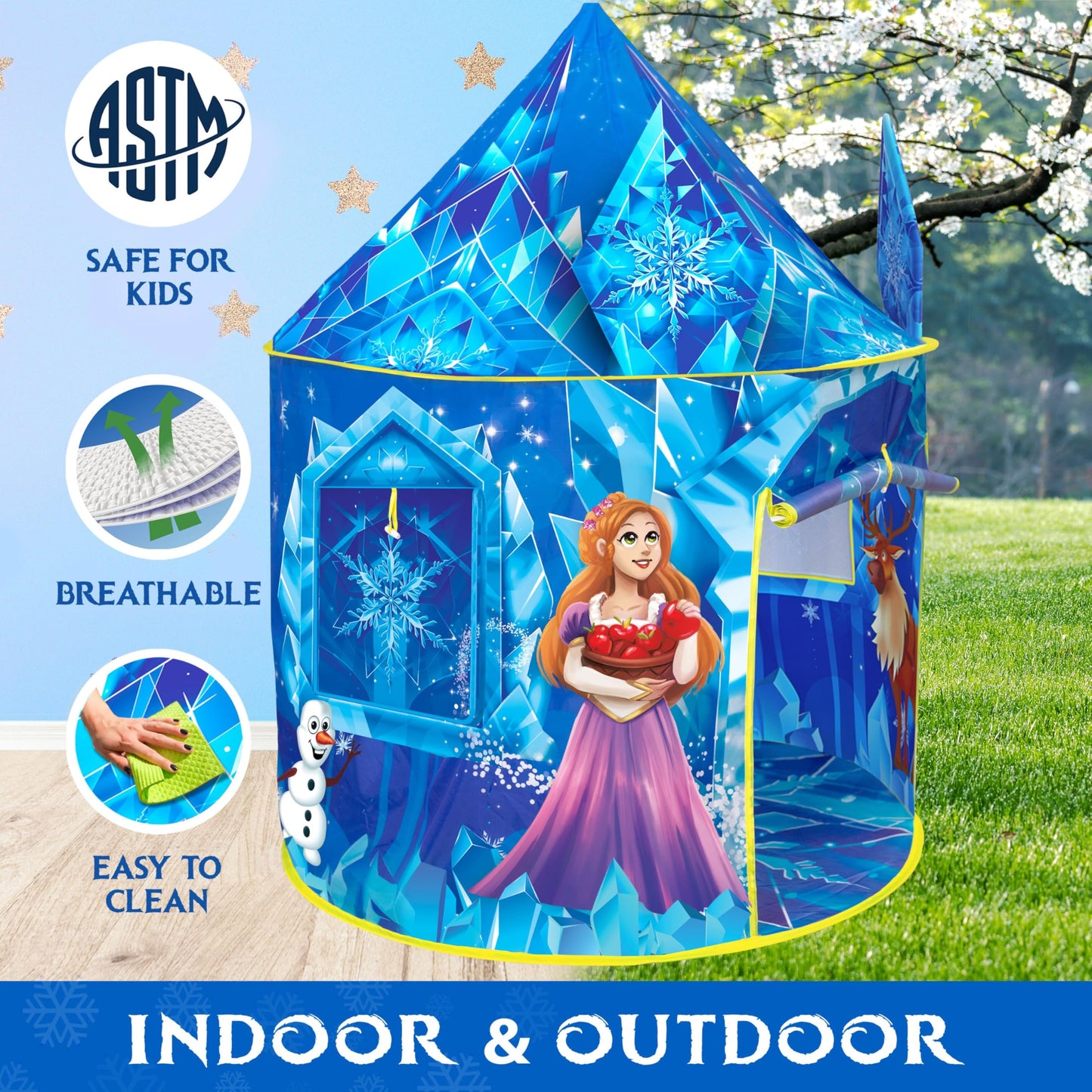 W&O Frozen Princess Tent with Sound Button, LED Lights, Crown & Wand – Indoor & Outdoor Play for Girls 3–7
