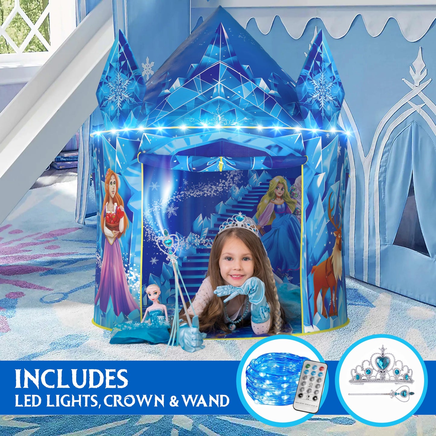 W&O Frozen Princess Tent with Sound Button, LED Lights, Crown & Wand – Indoor & Outdoor Play for Girls 3–7
