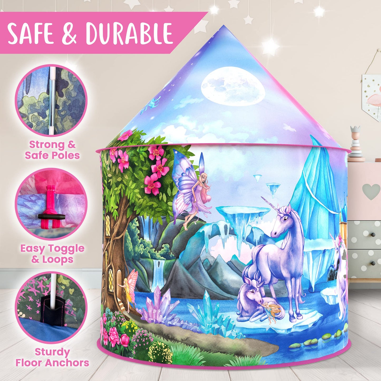 W&O Unicorn Sparkle Play Tent with Magical Sounds – Pop Up Princess Tent for Indoor & Outdoor Play