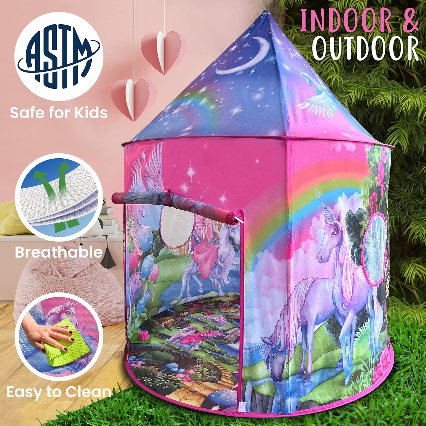 W&O Unicorn Sparkle Play Tent with Magical Sounds – Pop Up Princess Tent for Indoor & Outdoor Play