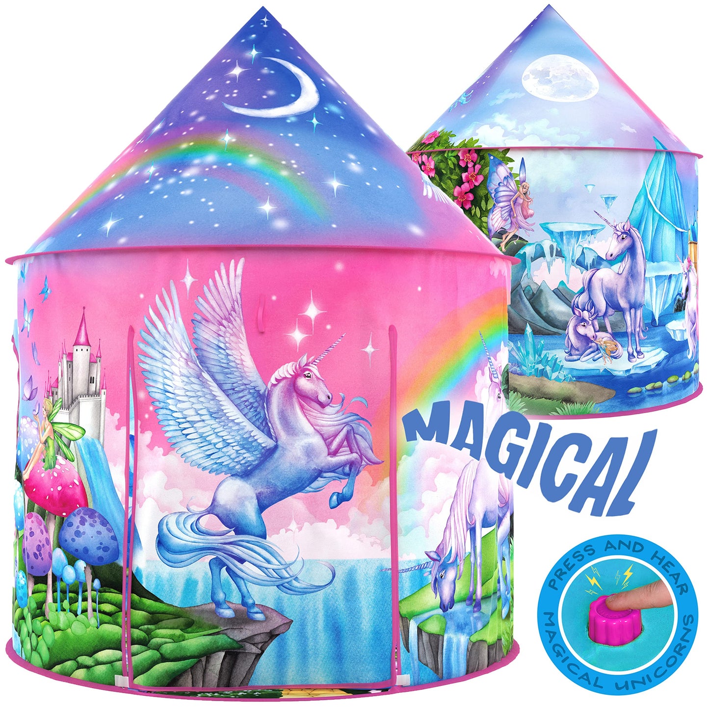 W&O Unicorn Sparkle Play Tent with Magical Sounds – Pop Up Princess Tent for Indoor & Outdoor Play