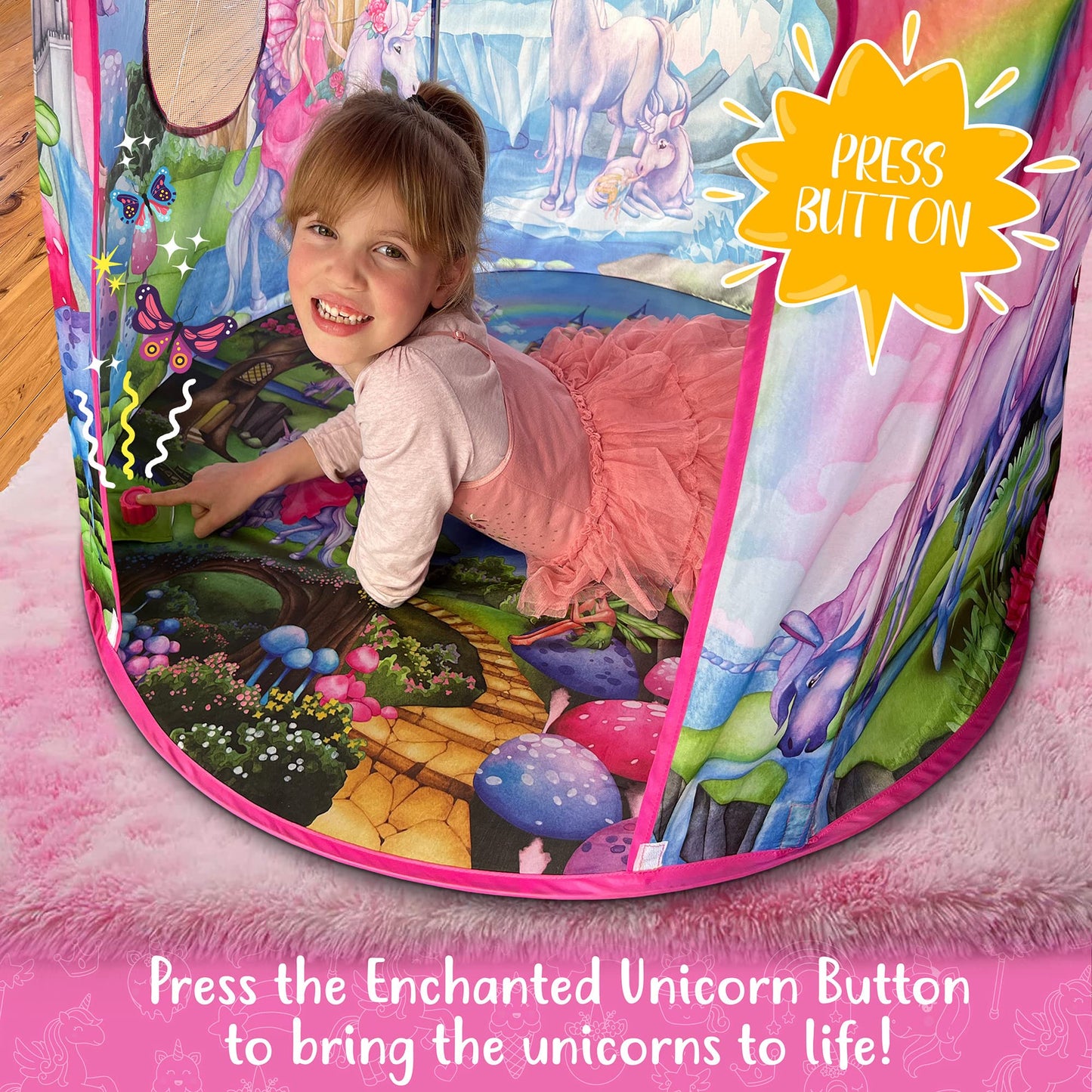 W&O Unicorn Sparkle Play Tent with Magical Sounds – Pop Up Princess Tent for Indoor & Outdoor Play