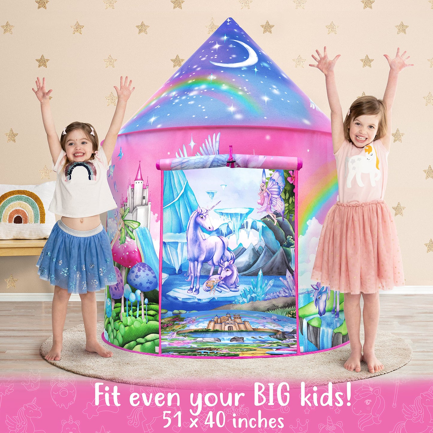 W&O Unicorn Sparkle Play Tent with Magical Sounds – Pop Up Princess Tent for Indoor & Outdoor Play