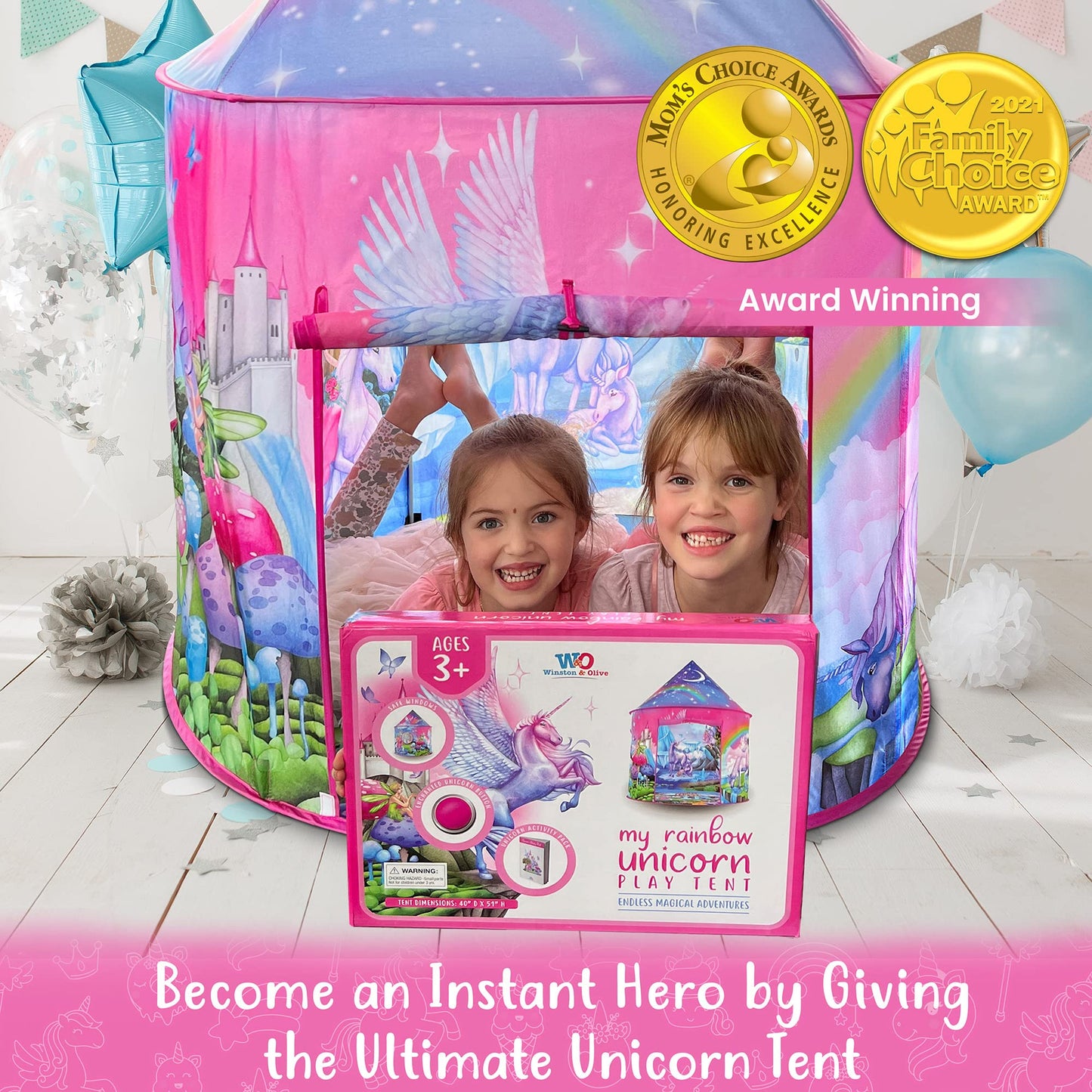 W&O Unicorn Sparkle Play Tent with Magical Sounds – Pop Up Princess Tent for Indoor & Outdoor Play