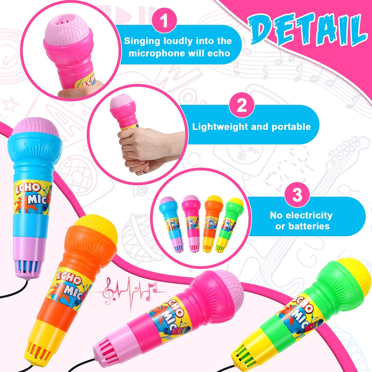 Woanger Echo Microphone Toy – 20-Piece Multicolor Battery-Free Kids Singing Props (4 Colors)
