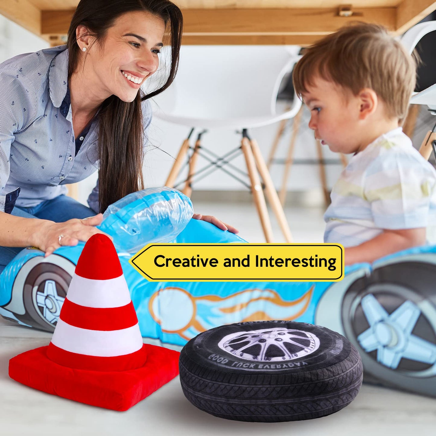 Woanger Race Car Plush Throw Pillows – 2 Pack, 15.7in 3D Wheel & Traffic Cone