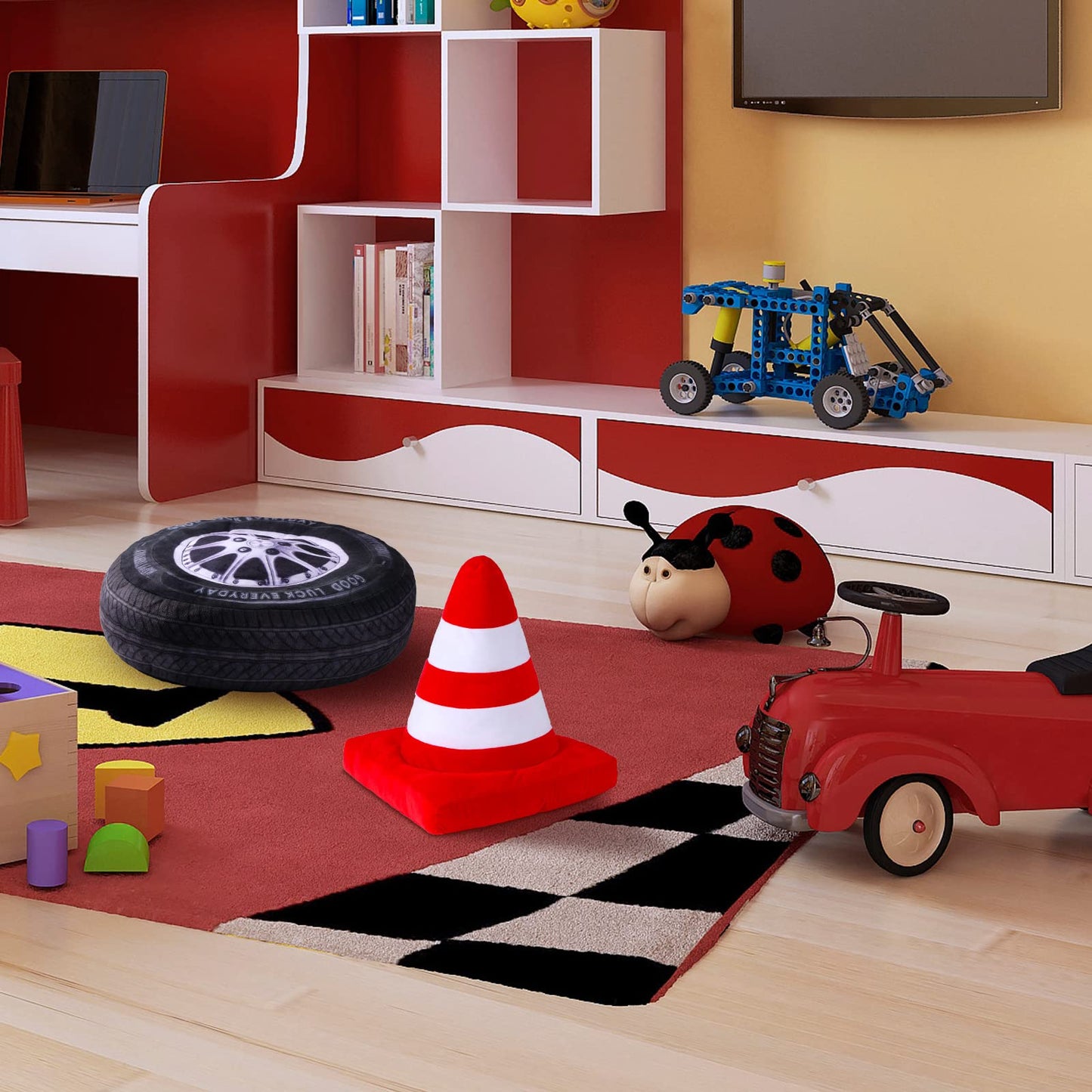 Woanger Race Car Plush Throw Pillows – 2 Pack, 15.7in 3D Wheel & Traffic Cone