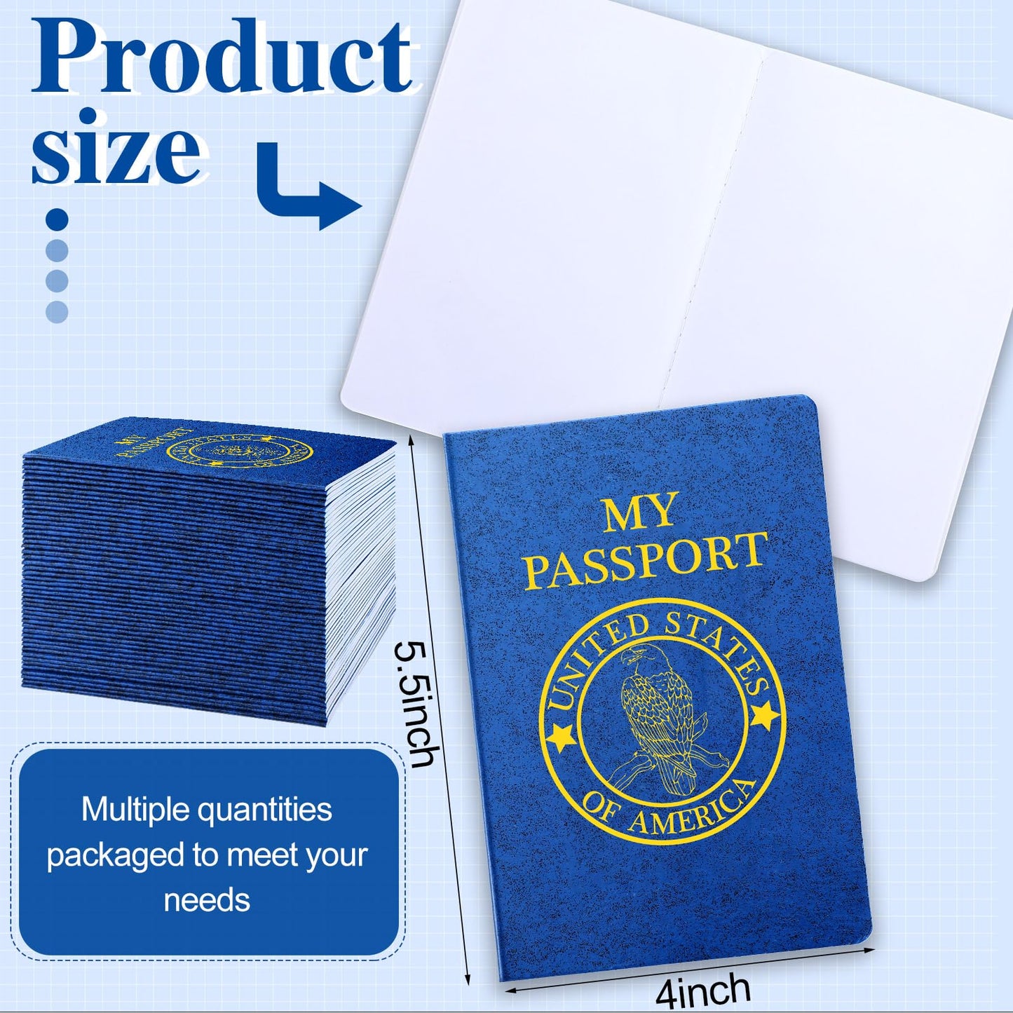Woanger 50 Pcs Blank Passport for Kids – Blue Travel-Themed Passport Notebook 4 x 5.5 Inch (Classic)