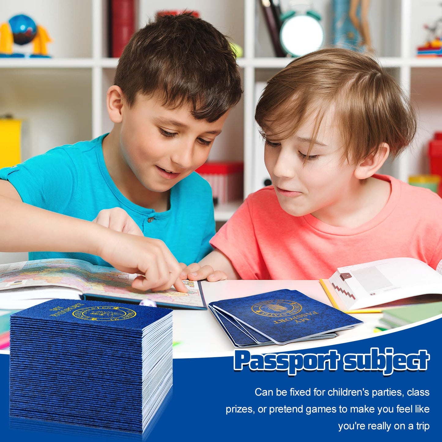 Woanger 50 Pcs Blank Passport for Kids – Blue Travel-Themed Passport Notebook 4 x 5.5 Inch (Classic)
