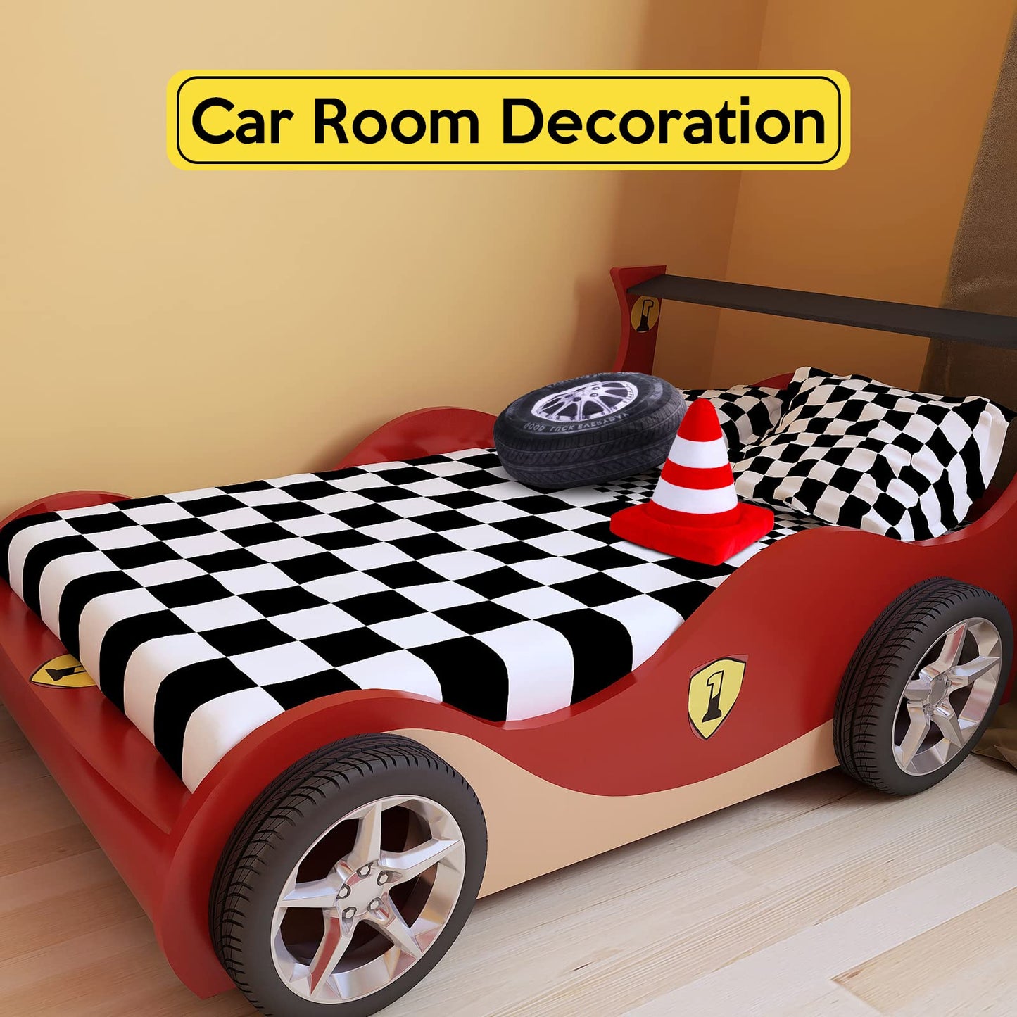 Woanger Race Car Plush Throw Pillows – 2 Pack, 15.7in 3D Wheel & Traffic Cone