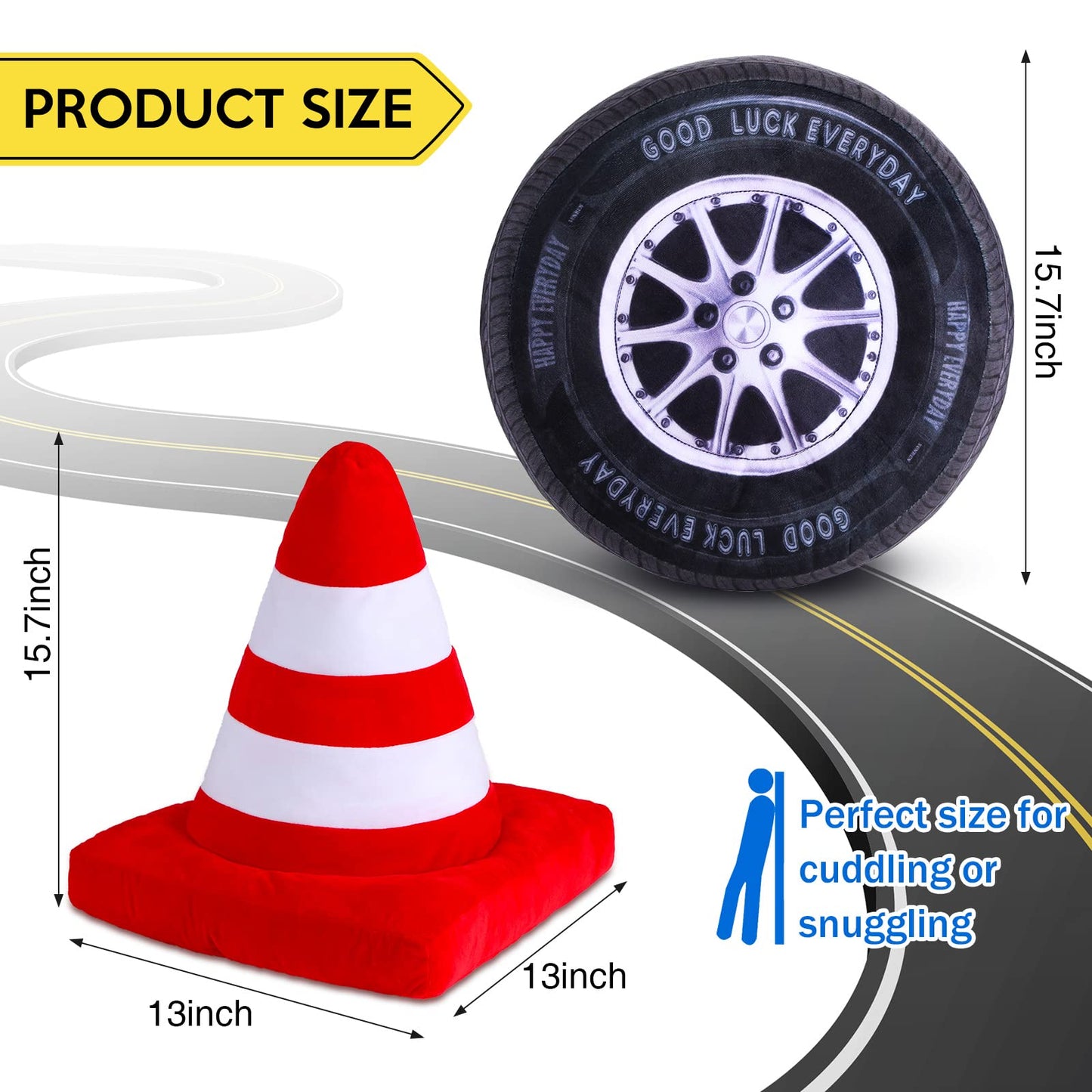 Woanger Race Car Plush Throw Pillows – 2 Pack, 15.7in 3D Wheel & Traffic Cone