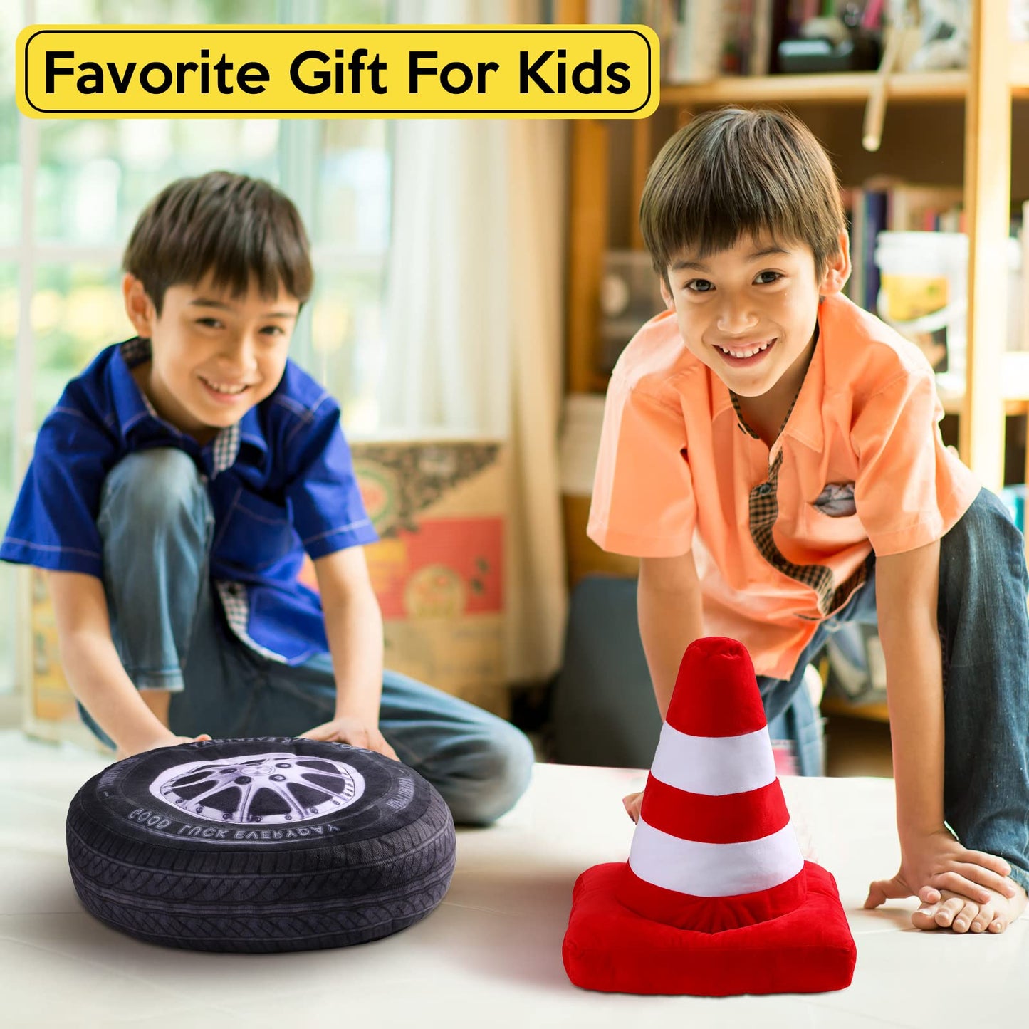 Woanger Race Car Plush Throw Pillows – 2 Pack, 15.7in 3D Wheel & Traffic Cone