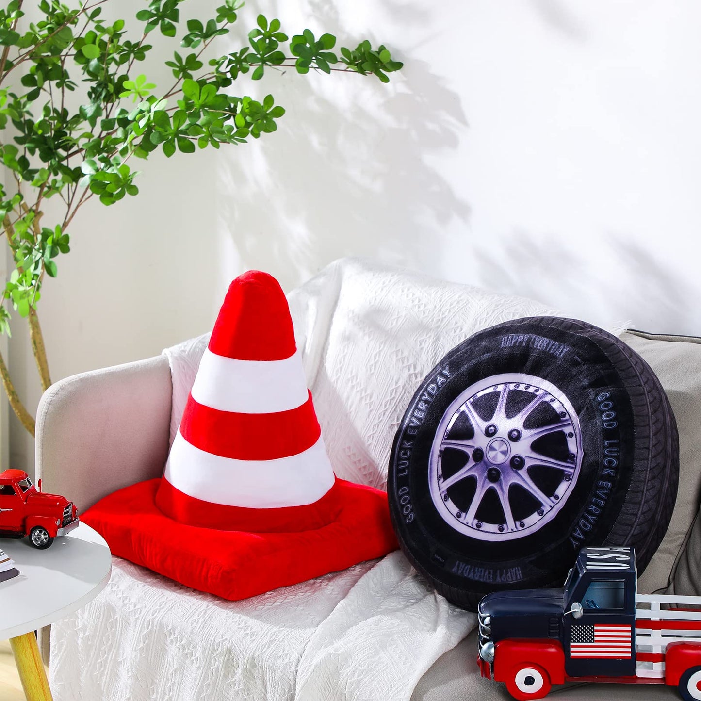 Woanger Race Car Plush Throw Pillows – 2 Pack, 15.7in 3D Wheel & Traffic Cone