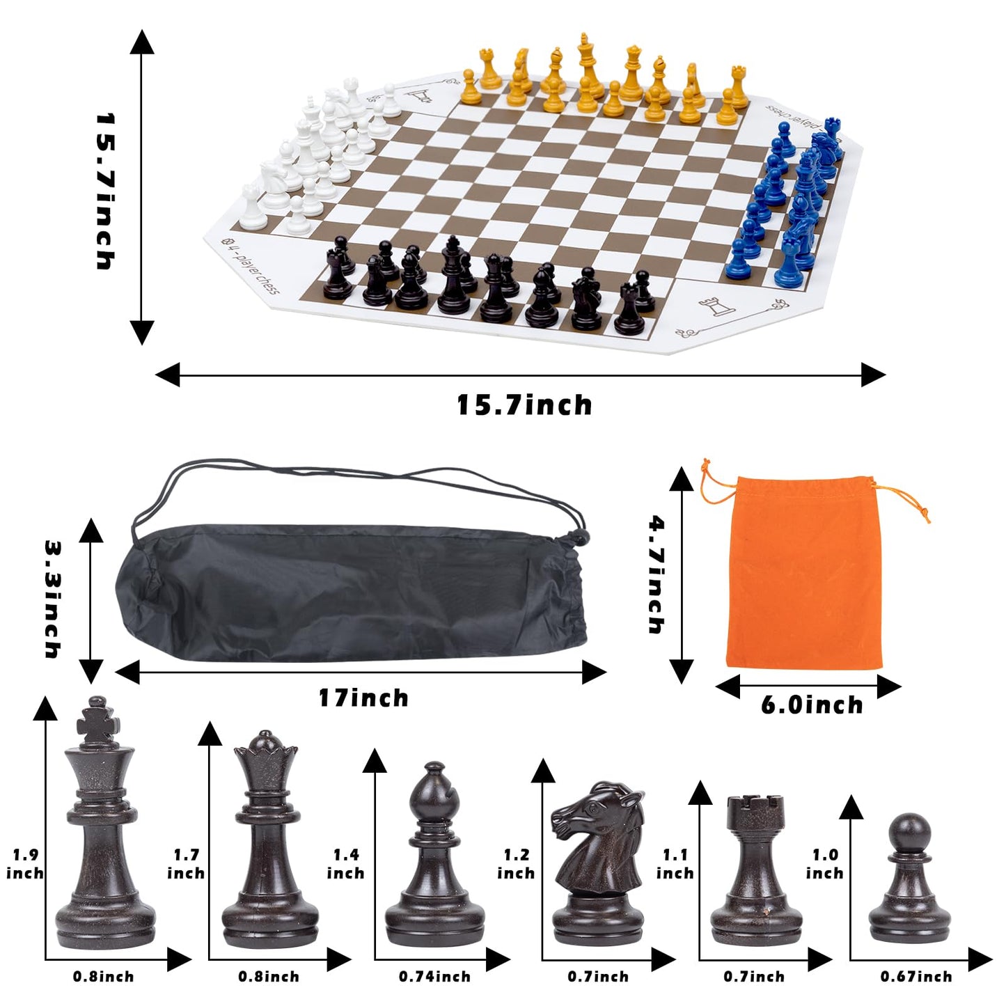 WodGod 3-4 Player Leather Chess Board Set | Double-Sided Board with 64 Colorful Pieces