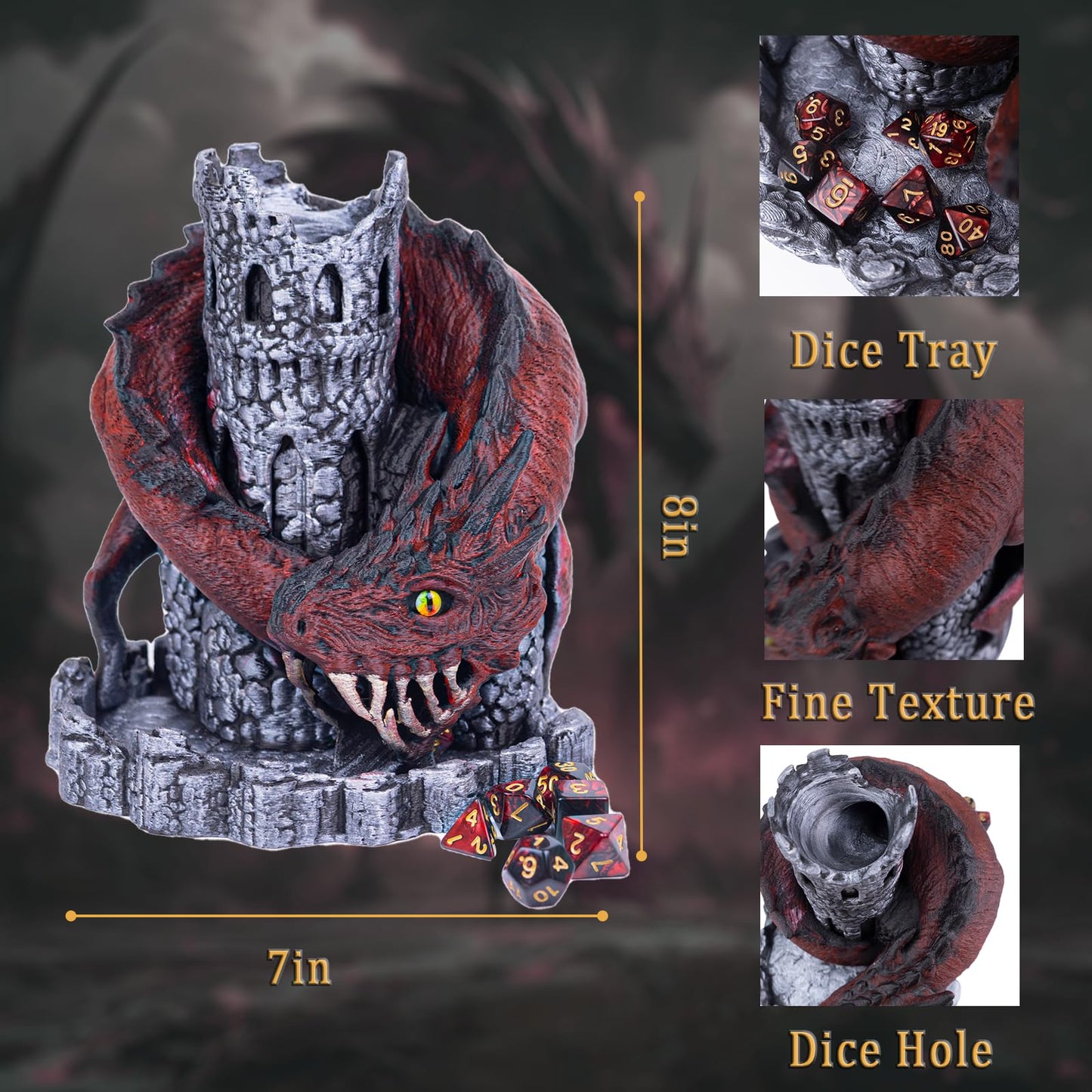 WodGod Red Dragon Castle Dice Tower with 7 Polyhedral Dice — D&D & RPG Accessory