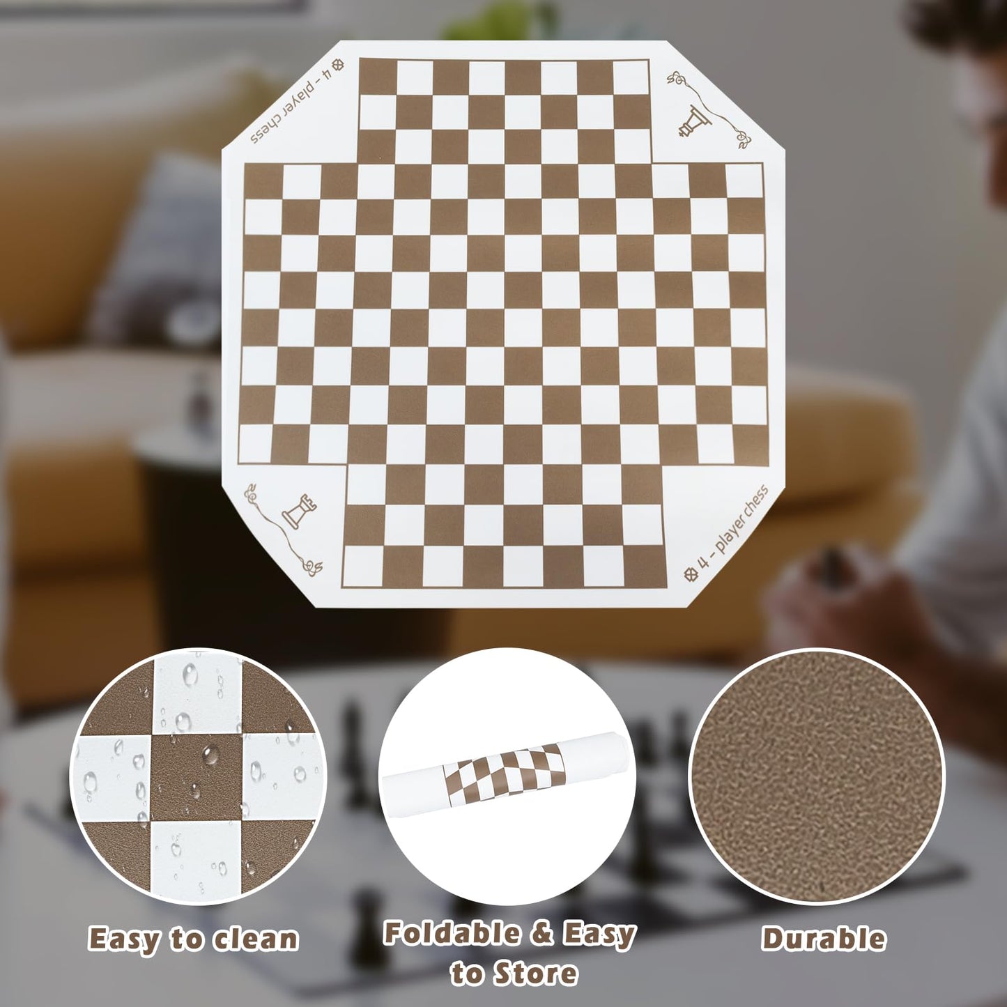 WodGod 3-4 Player Leather Chess Board Set | Double-Sided Board with 64 Colorful Pieces