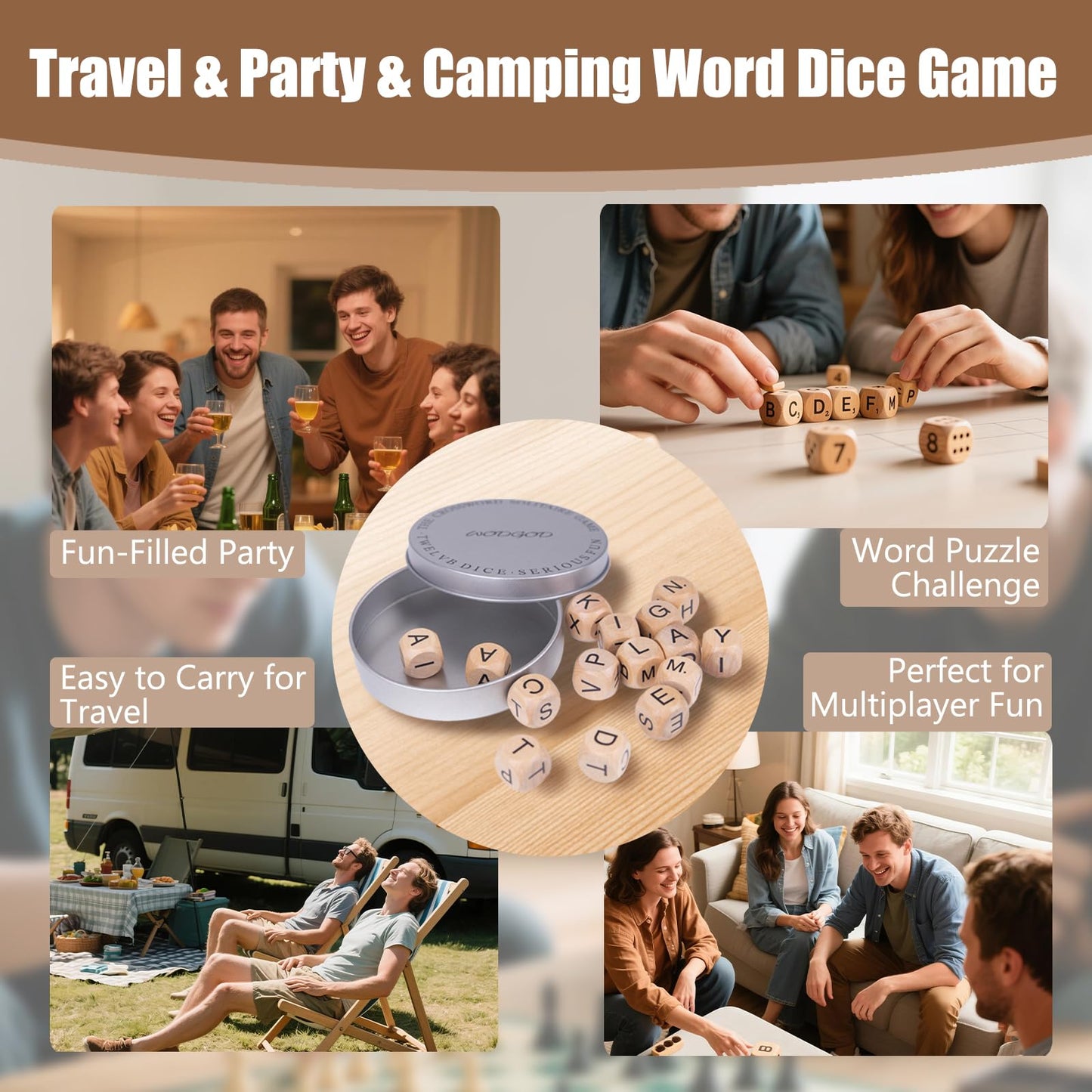 WodGod Crossword Dice Game for Adults - 15 Wooden Letter Dice for Strategic Word Play