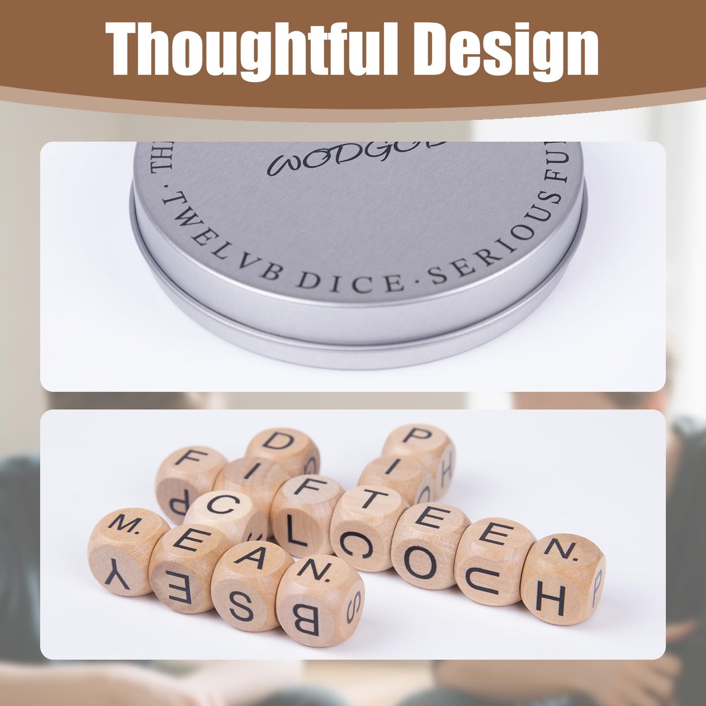 WodGod Crossword Dice Game for Adults - 15 Wooden Letter Dice for Strategic Word Play