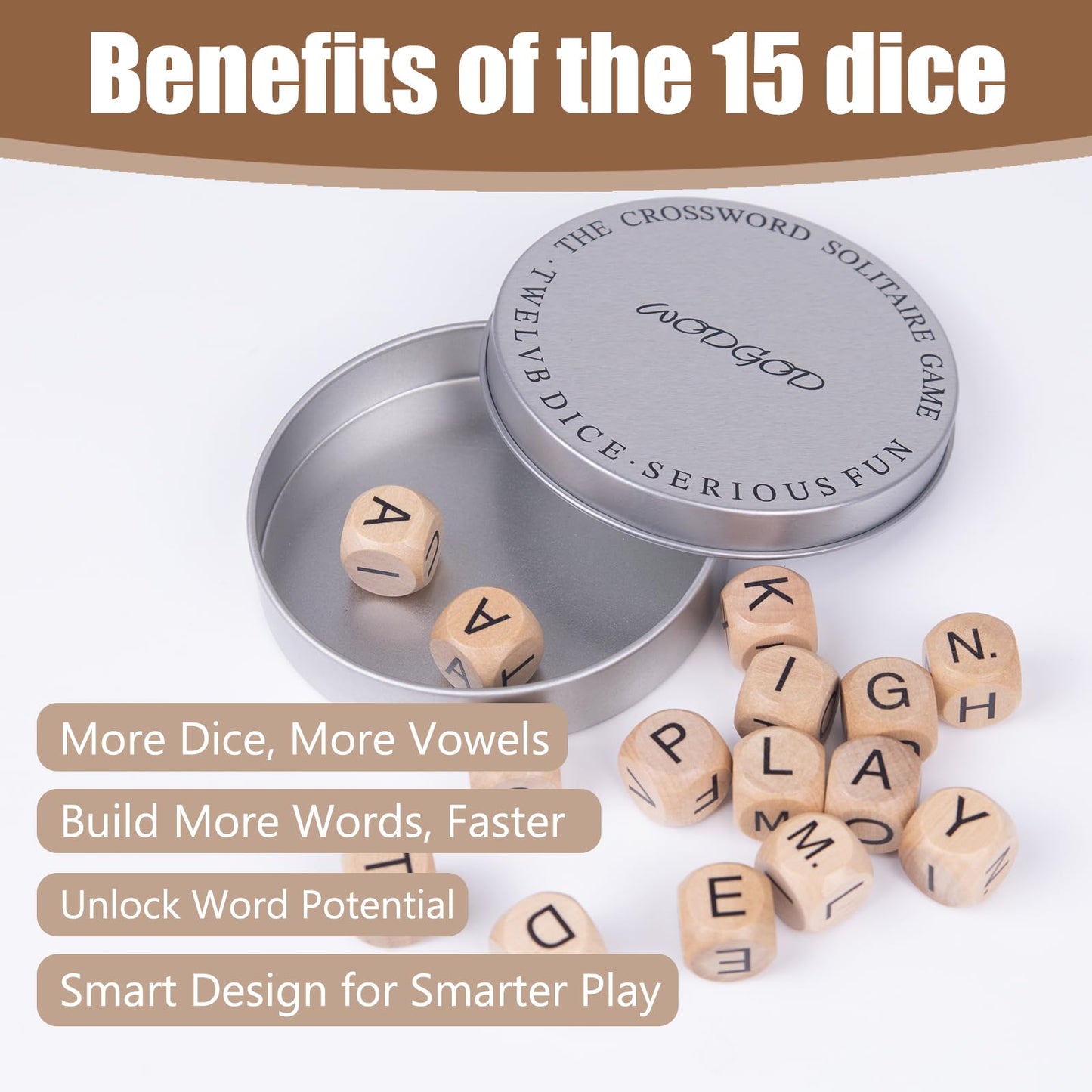 WodGod Crossword Dice Game for Adults - 15 Wooden Letter Dice for Strategic Word Play