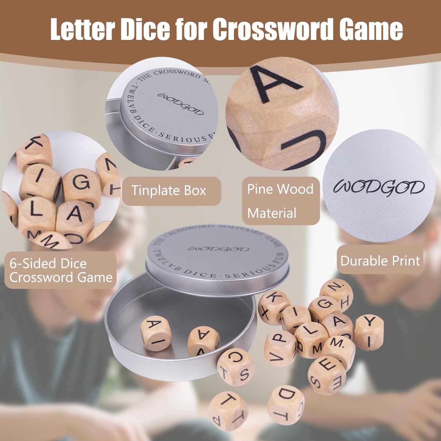 WodGod Crossword Dice Game for Adults - 15 Wooden Letter Dice for Strategic Word Play