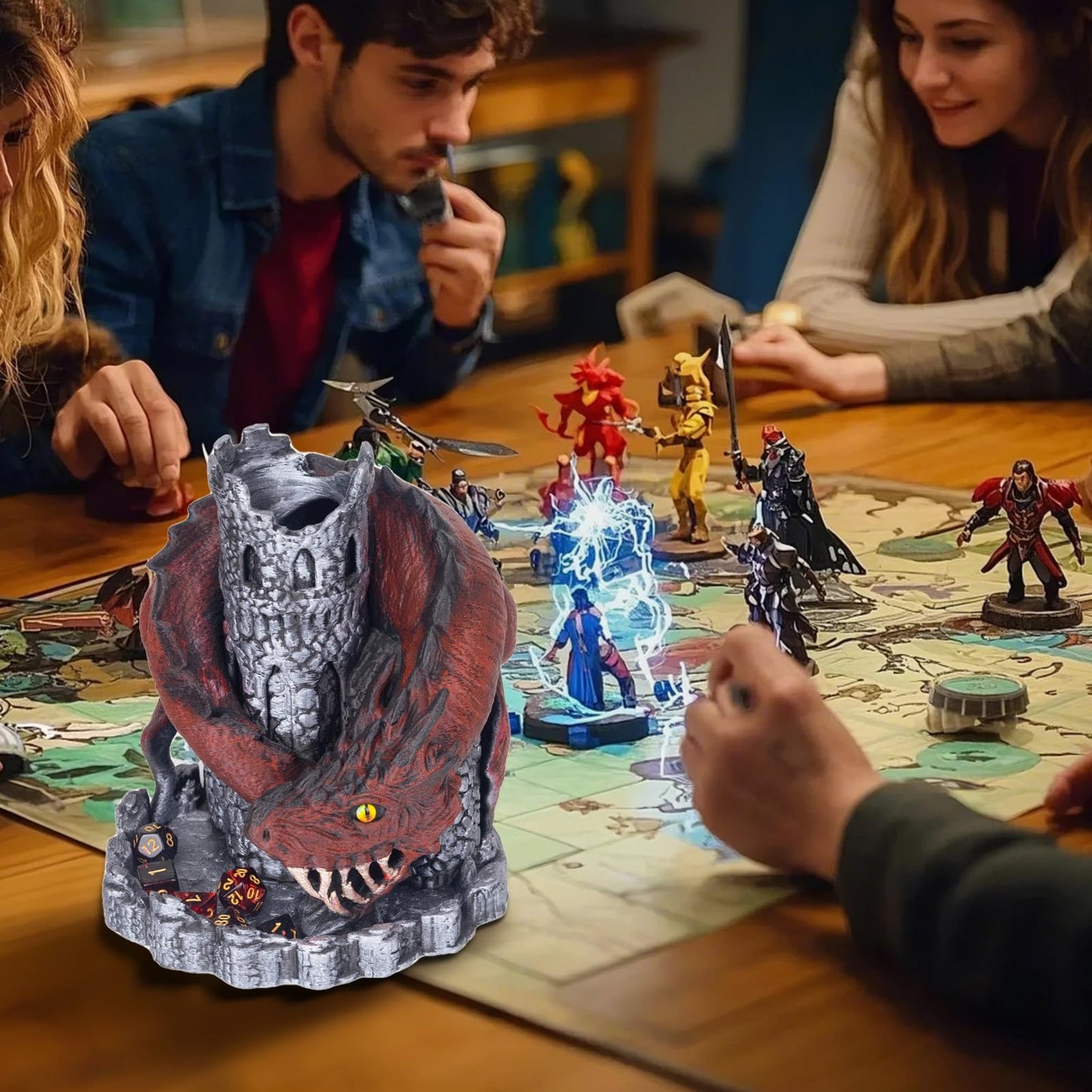 WodGod Red Dragon Castle Dice Tower with 7 Polyhedral Dice — D&D & RPG Accessory