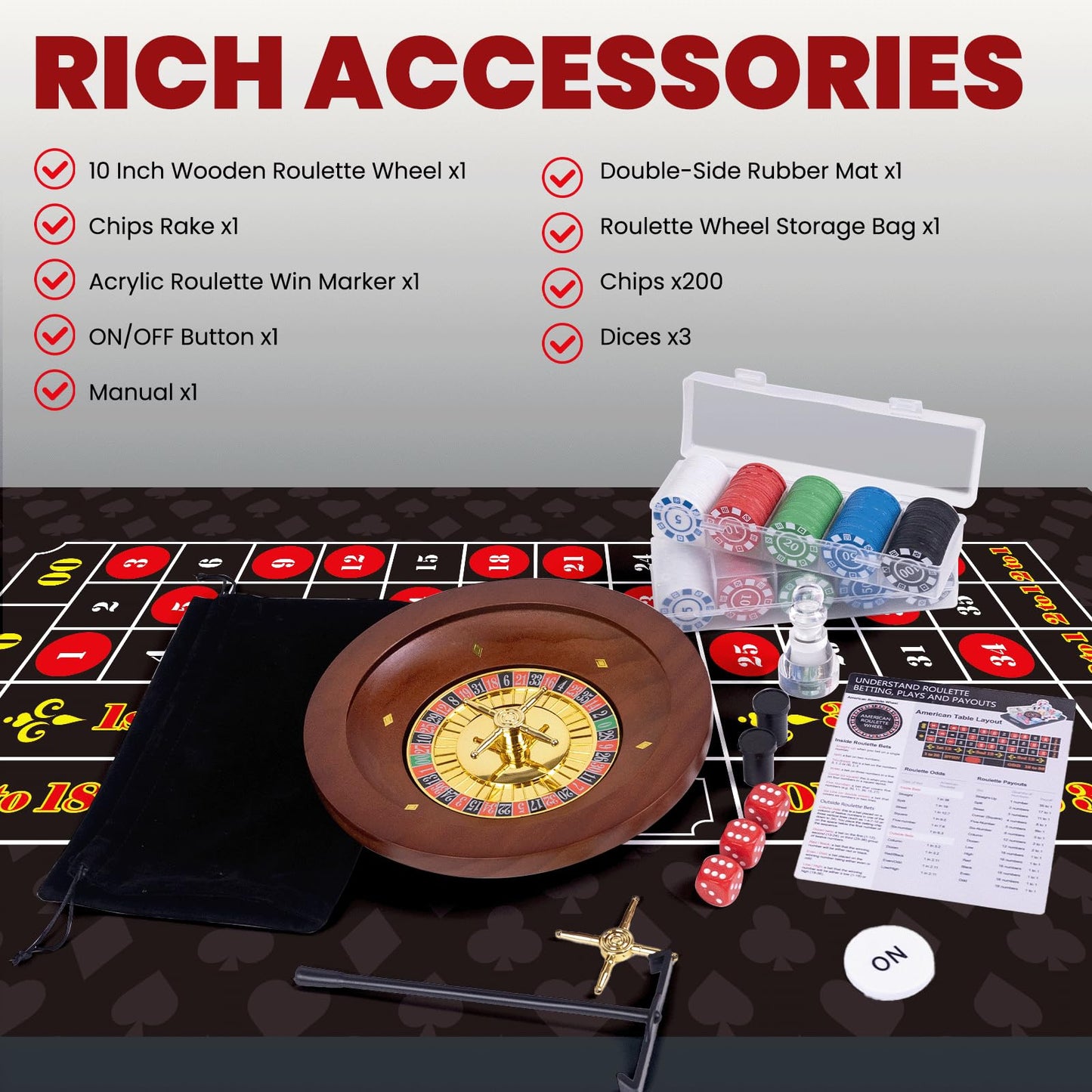 WodGod Roulette Wheel & Craps Set — Premium 10-Inch Solid Wood Wheel, Double-Sided Mat, 200 Chips