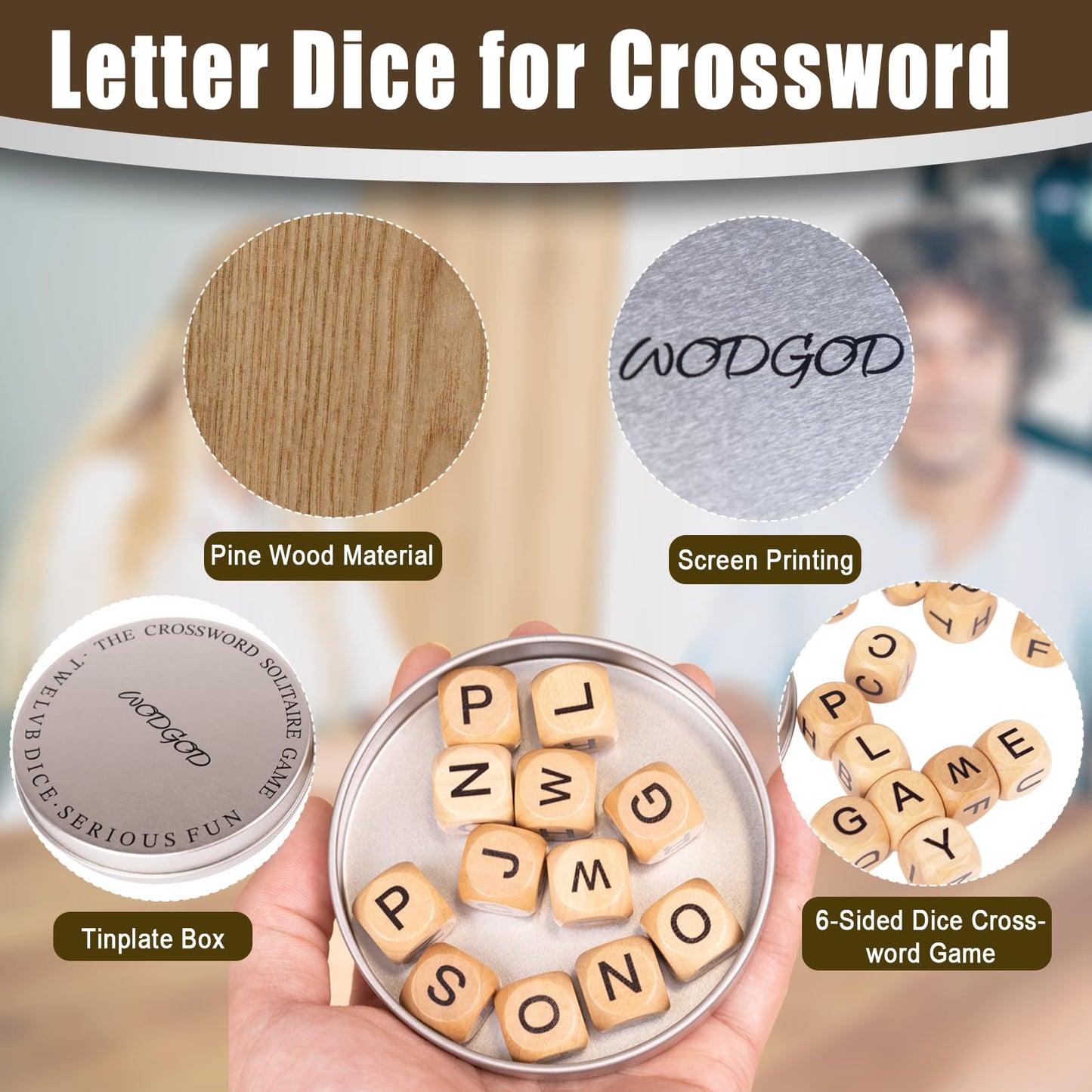 WodGod 2 Set Crossword Dice Game – Wooden Letter Dice for Travel & Family Nights