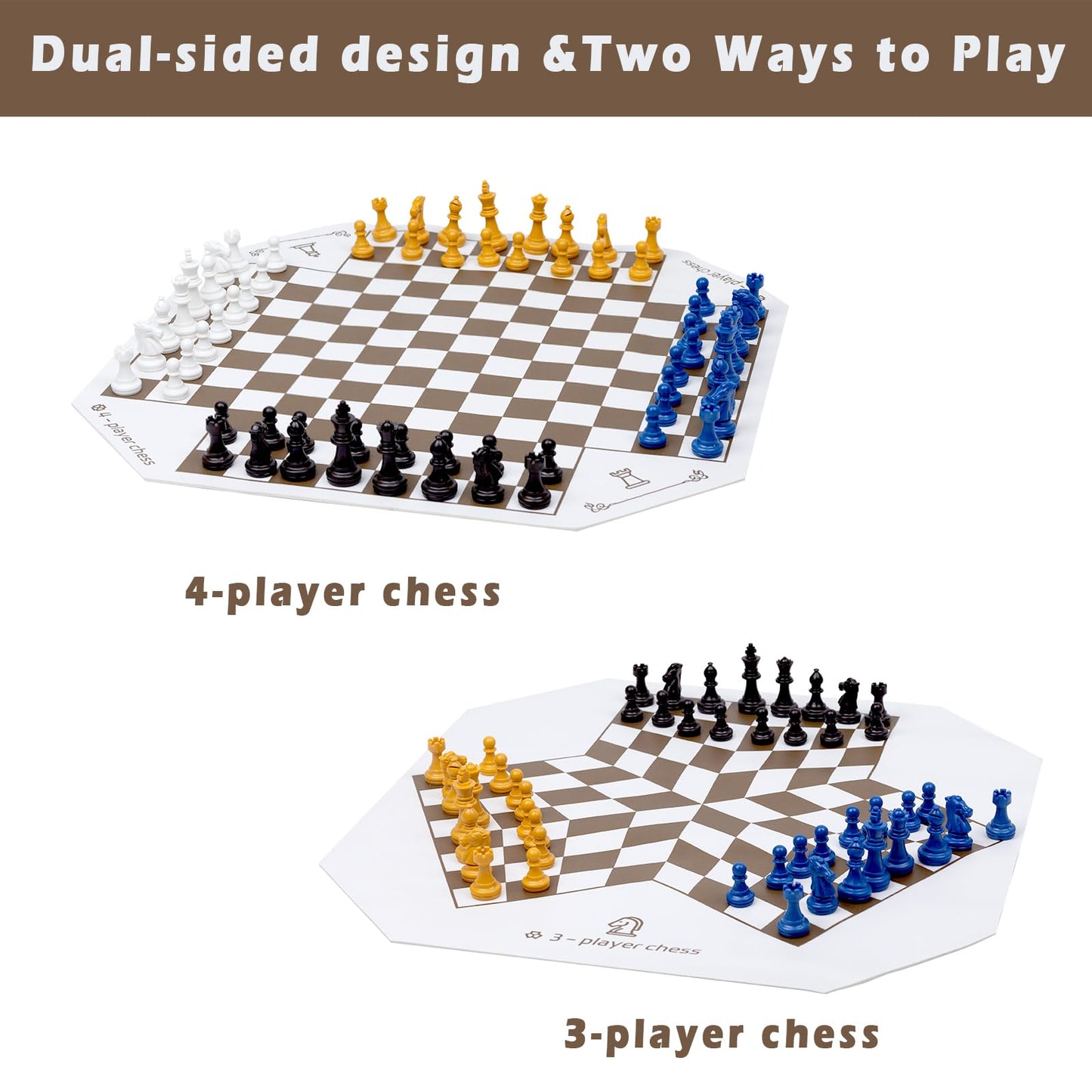 WodGod 3-4 Player Leather Chess Board Set | Double-Sided Board with 64 Colorful Pieces
