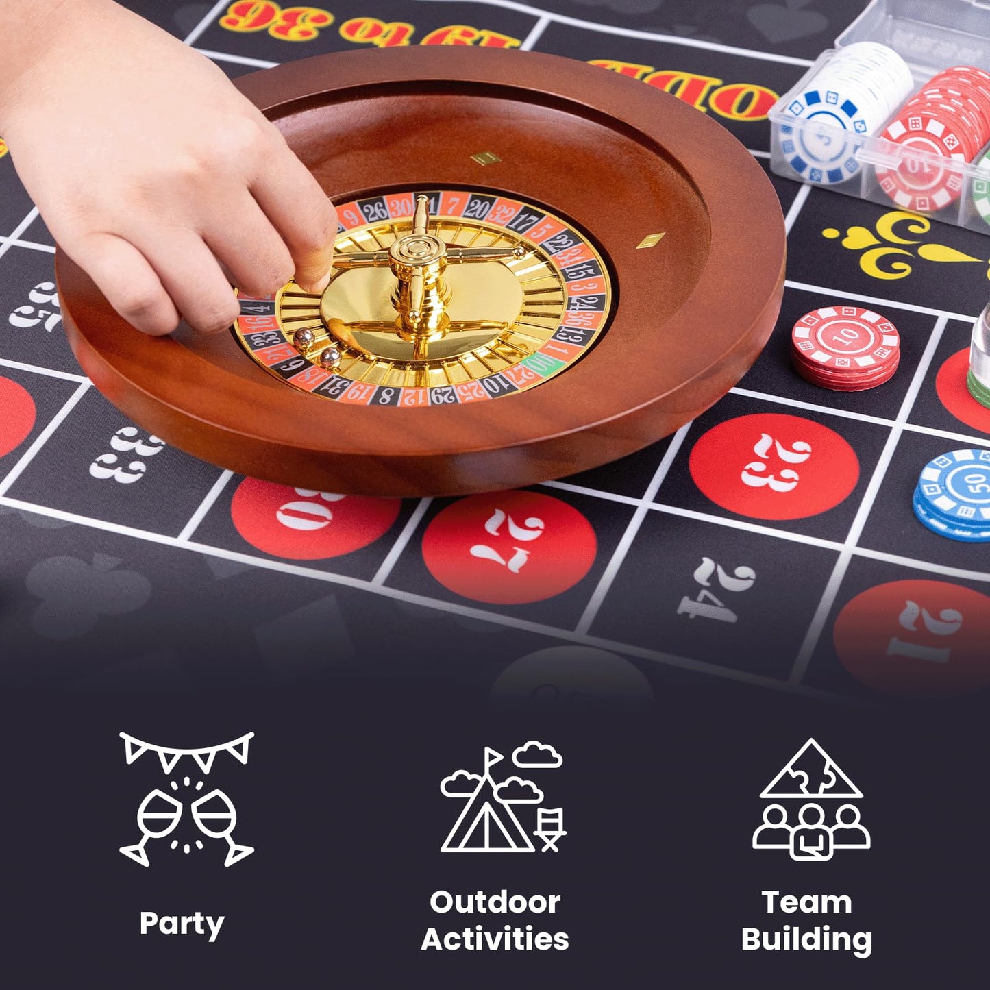 WodGod Roulette Wheel & Craps Set — Premium 10-Inch Solid Wood Wheel, Double-Sided Mat, 200 Chips