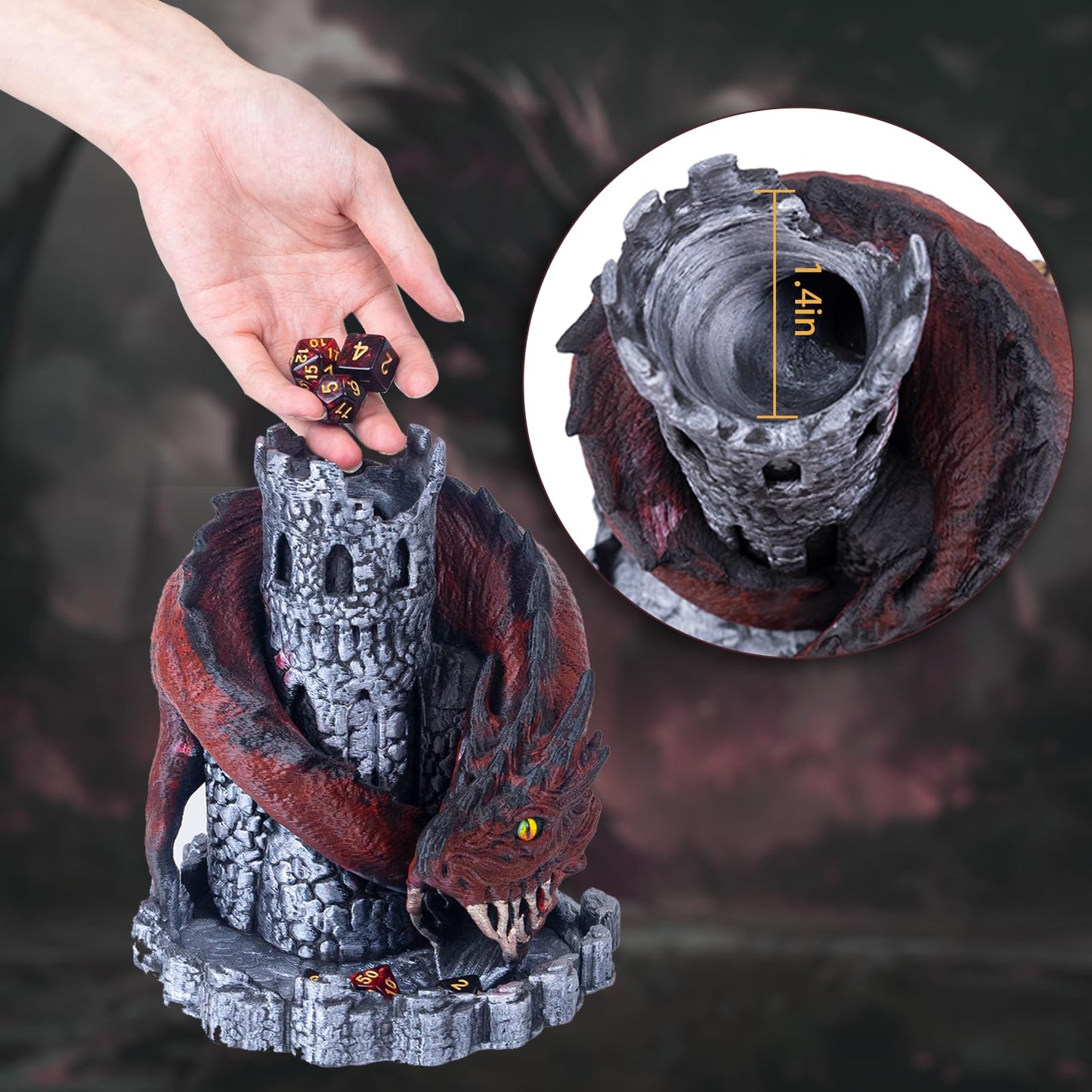 WodGod Red Dragon Castle Dice Tower with 7 Polyhedral Dice — D&D & RPG Accessory