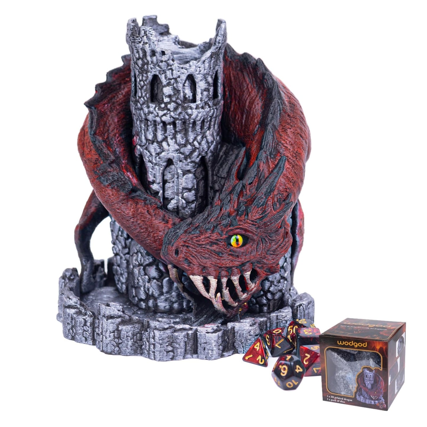 WodGod Red Dragon Castle Dice Tower with 7 Polyhedral Dice — D&D & RPG Accessory