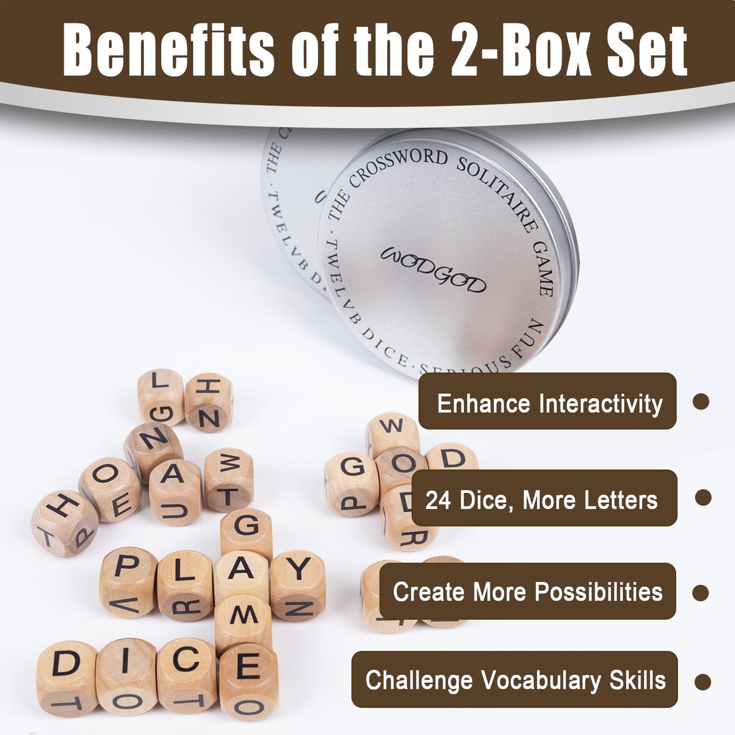 WodGod 2 Set Crossword Dice Game – Wooden Letter Dice for Travel & Family Nights