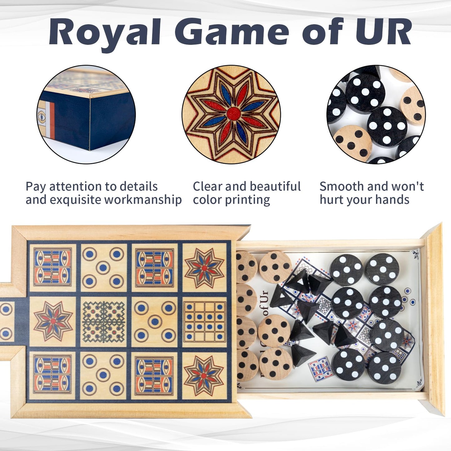 WodGod Wooden Royal Game of UR – 2-Player Strategy Board with Storage Drawers (Orange)