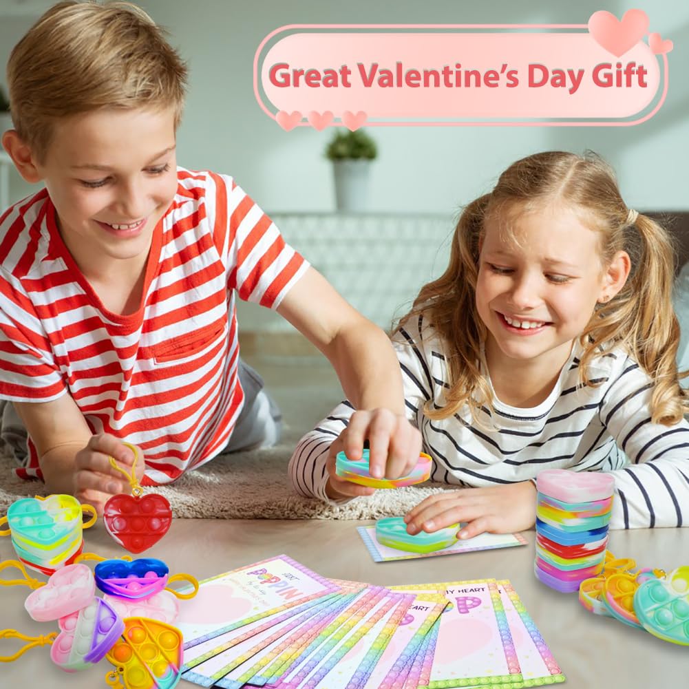 WODMAZ Valentines Day Gifts for Kids – 28-Pack Heart Pop Fidget Toys & Cards